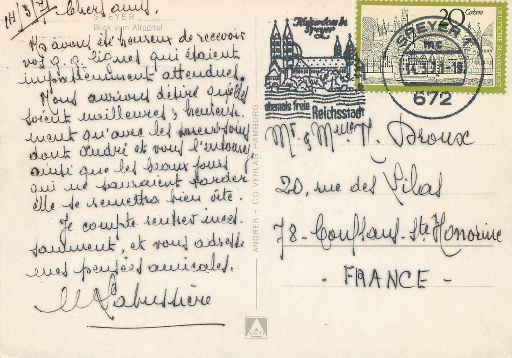 Vue de la ville de Speyer — éditeur Andres & Co Verlag, Hambourg — n° de série 672 — Verso