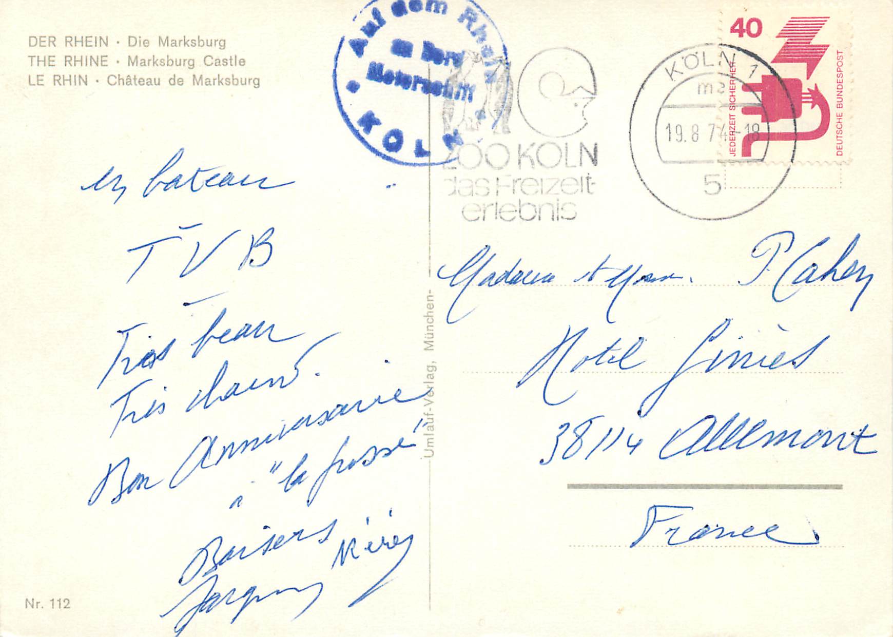 The Rhine — Marksburg Castle — Publisher: Umlauf-Verlag, No. 112 — Back