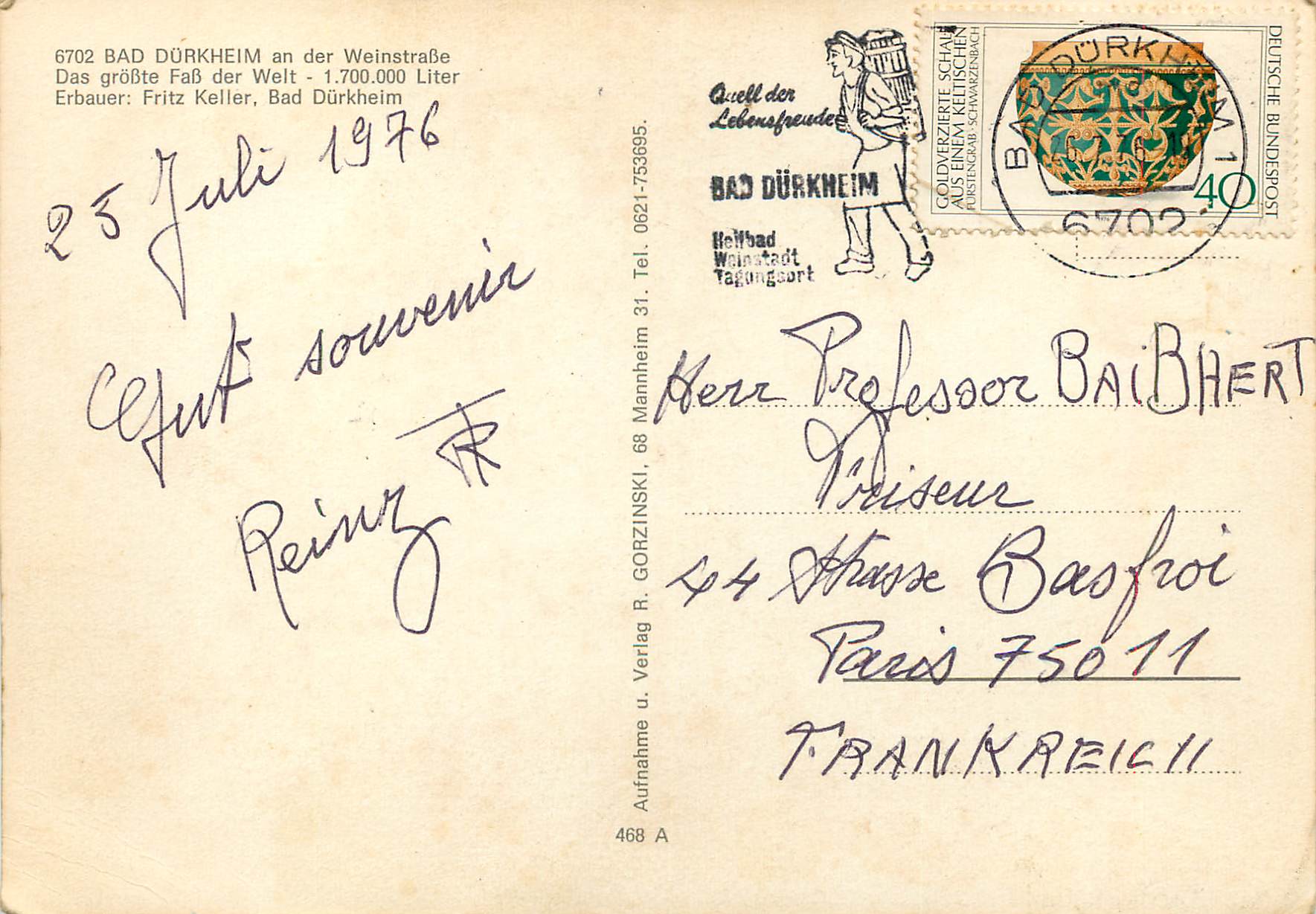 Bad Dürkheim — Le plus grand fût du monde — éditeur Verlag u. Verlag R. Gorzinski, n° 468 A — Verso