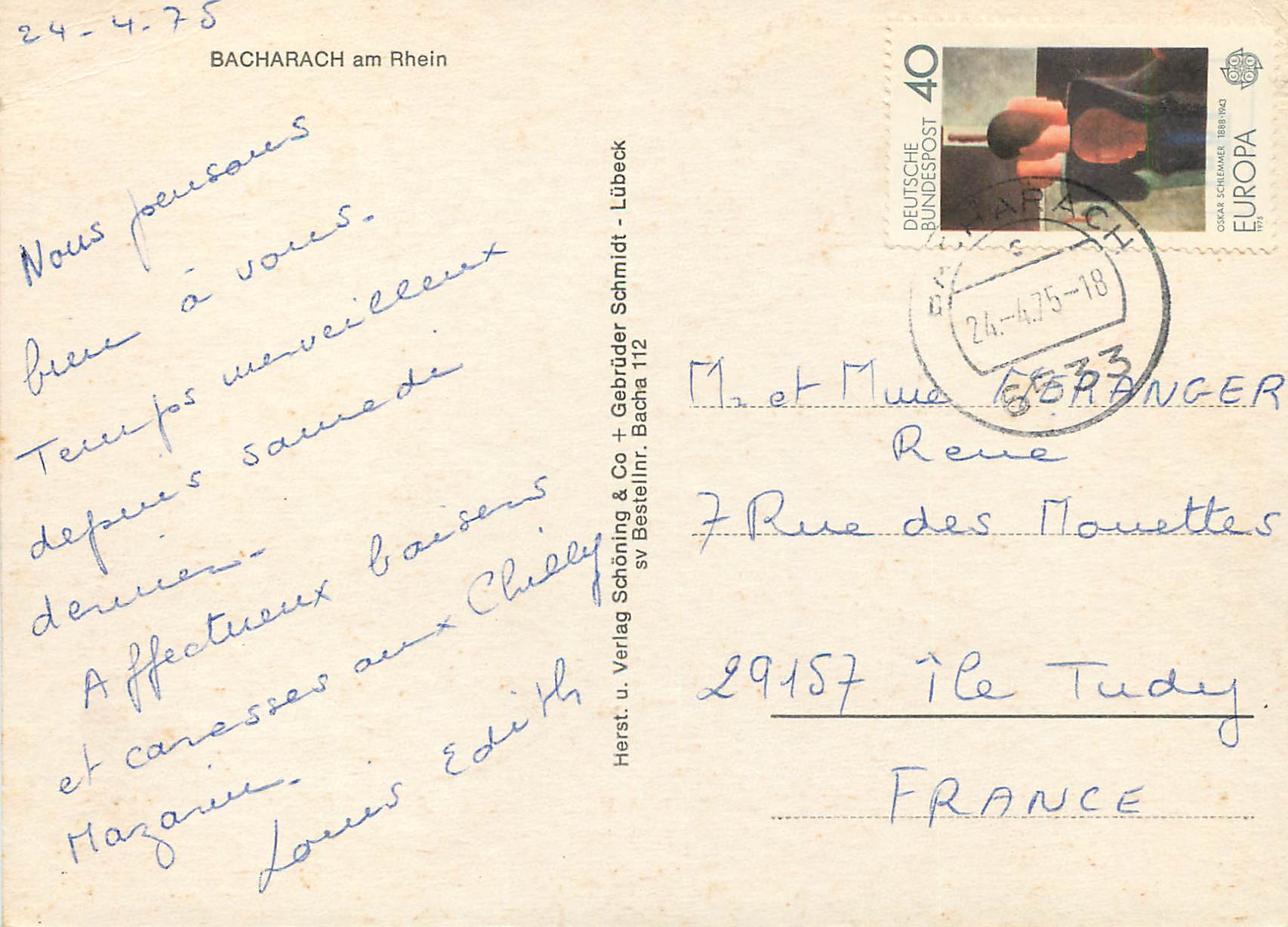 Bacharach am Rhein — vue du château et du village — éditeur Schöning & Co + Gebrüder Schmidt, n°112 — Rückseite
