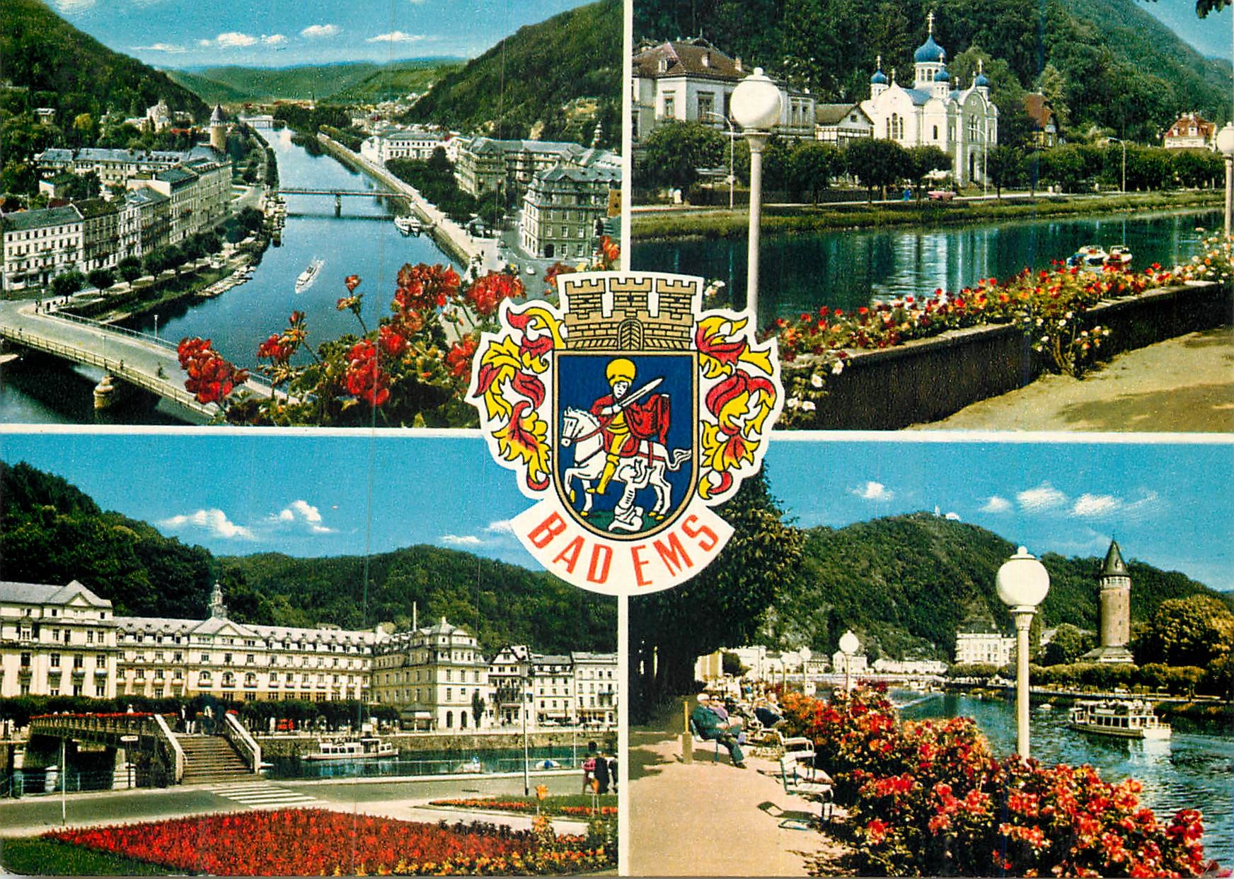 Bad Ems — vue panoramique avec hôtel, église et fleurs — éditeur Verlag Schöning & Co + Gebrüder Schmidt