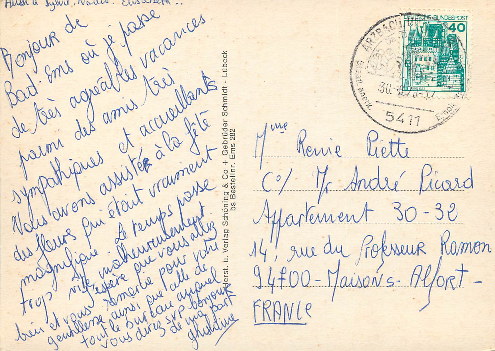 Bad Ems — vue panoramique avec hôtel, église et fleurs — éditeur Verlag Schöning & Co + Gebrüder Schmidt — Achterkant