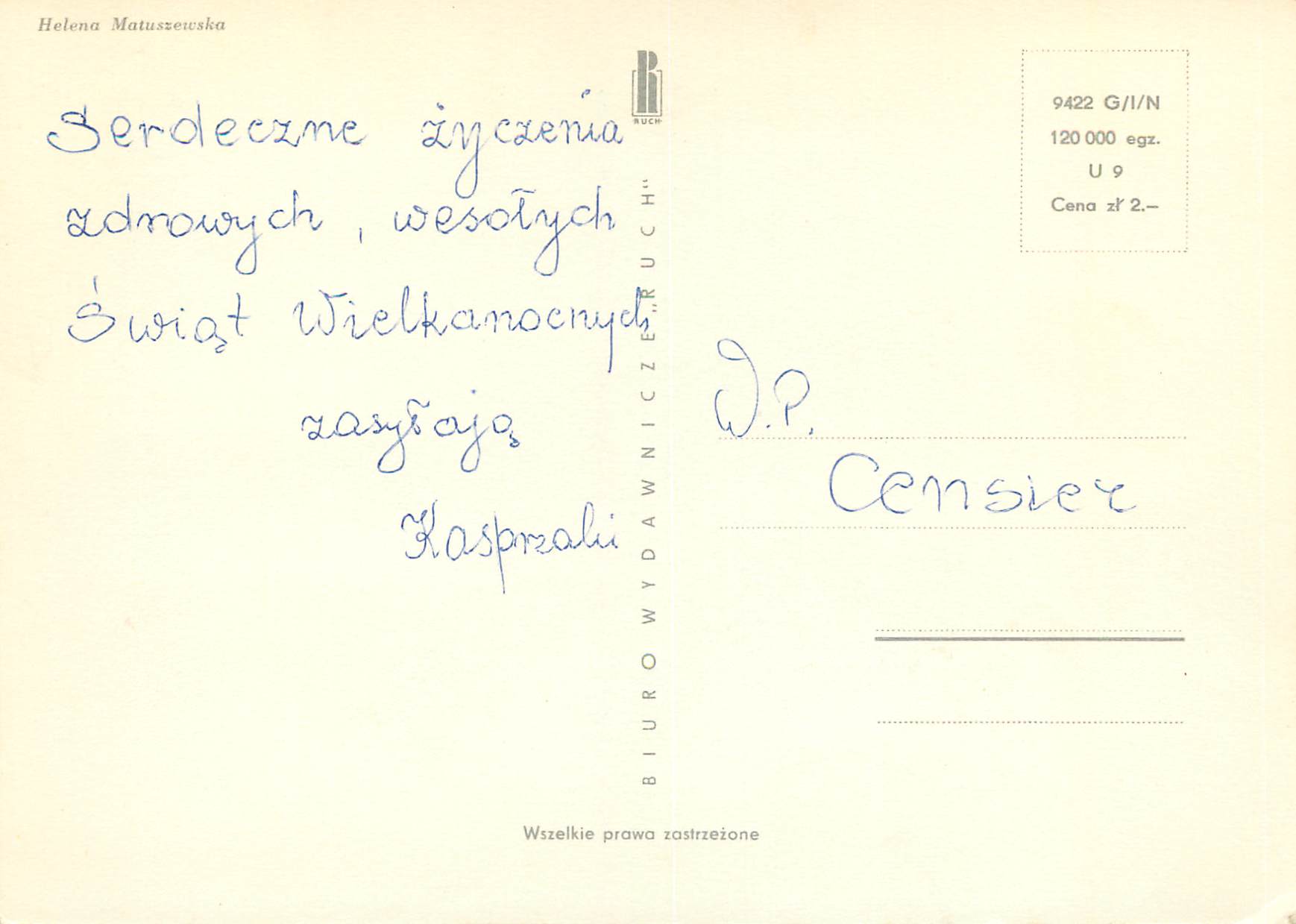 CPM Wesolych Swiat Helena Matuszeteska — Rückseite
