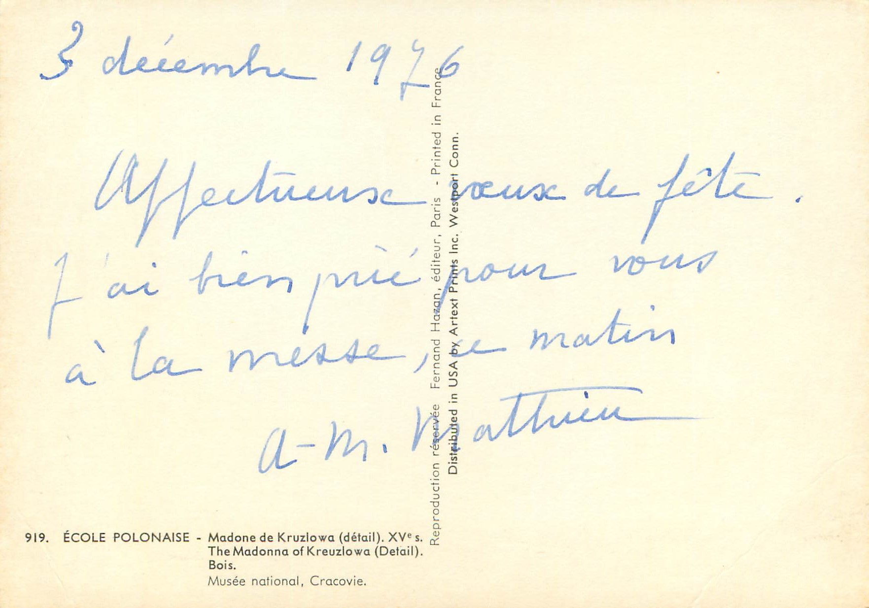 Madone de Kreuzlawa — détail — École polonaise, XVᵉ s. — Éditeur Fernand Hazan, Paris, n° 919 — Verso