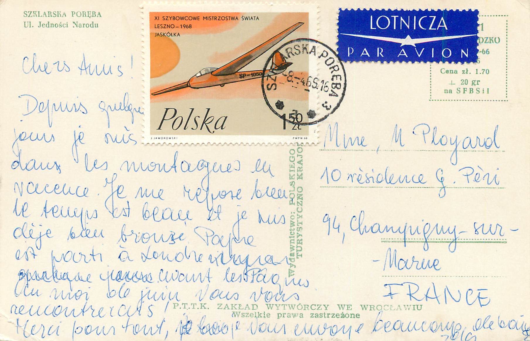 Szkłarska Poręba — vue hivernale avec montagnes enneigées — éditeur P.T.T.K. ZAKŁAD WYTWÓRCZY WE WROCŁAWIU — Rückseite