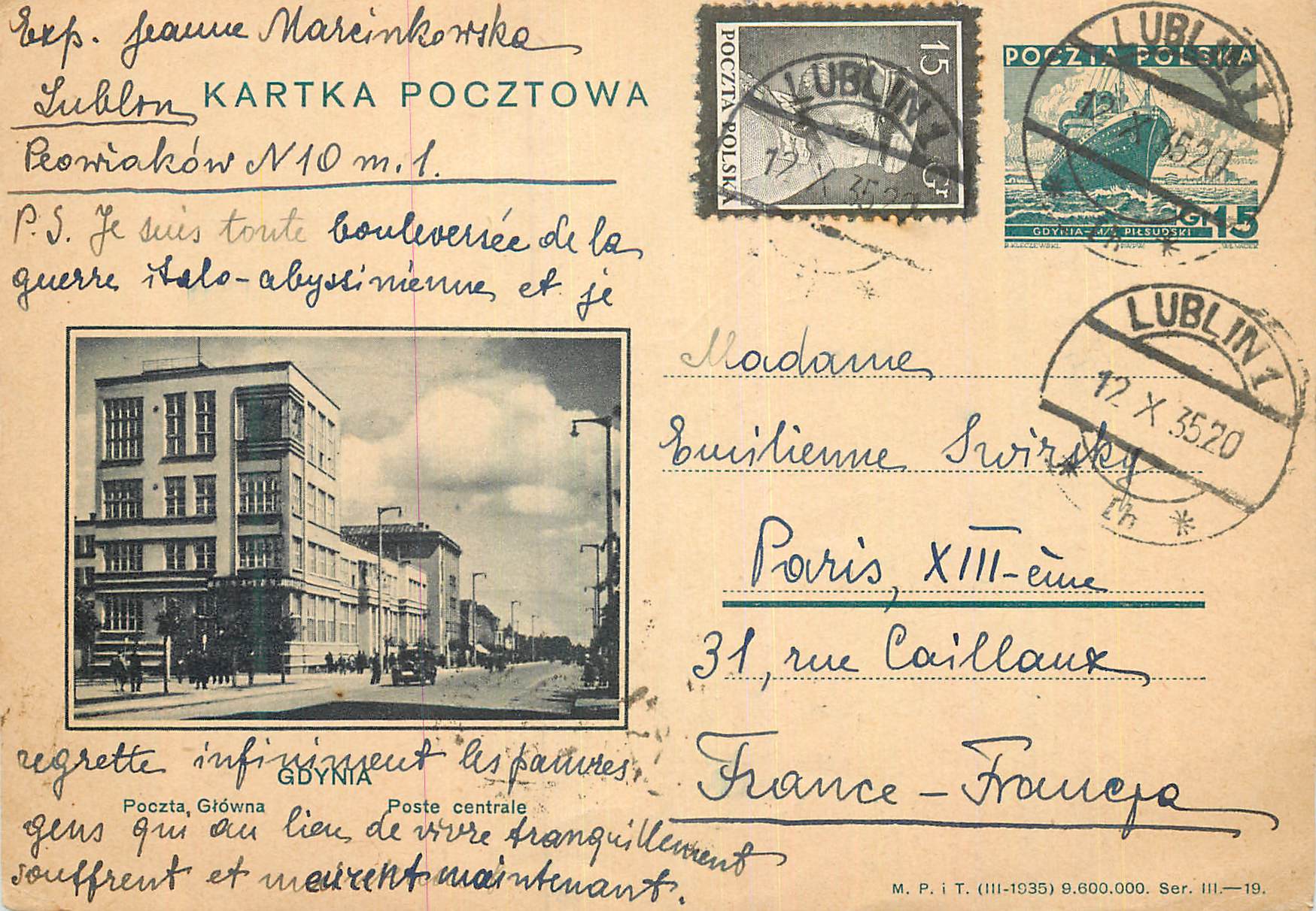 Entier Postal 1937 pour Paris Rue Caillaux Gdynia