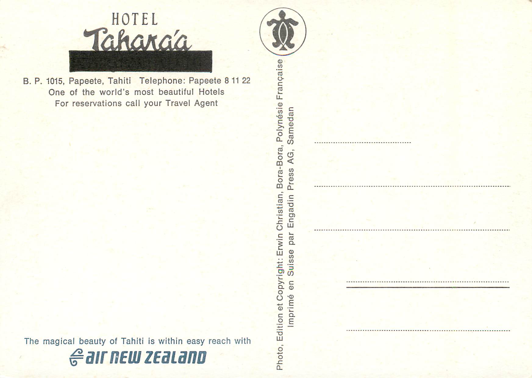CPM Hotel Taharaa Papeete Tahiti Air New Zealand — Rückseite