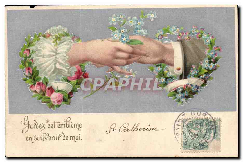 Due mani che si stringono — ornate di corone di fiori — editore Pillion-Cabaret, serie 834