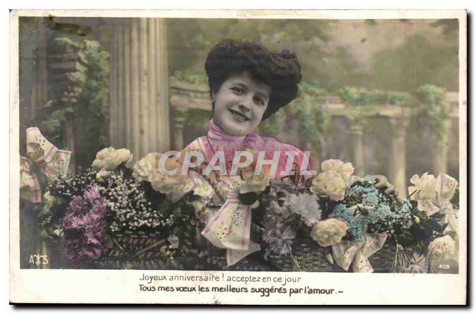 Femme souriante avec bouquets — AOC'S, n° 408