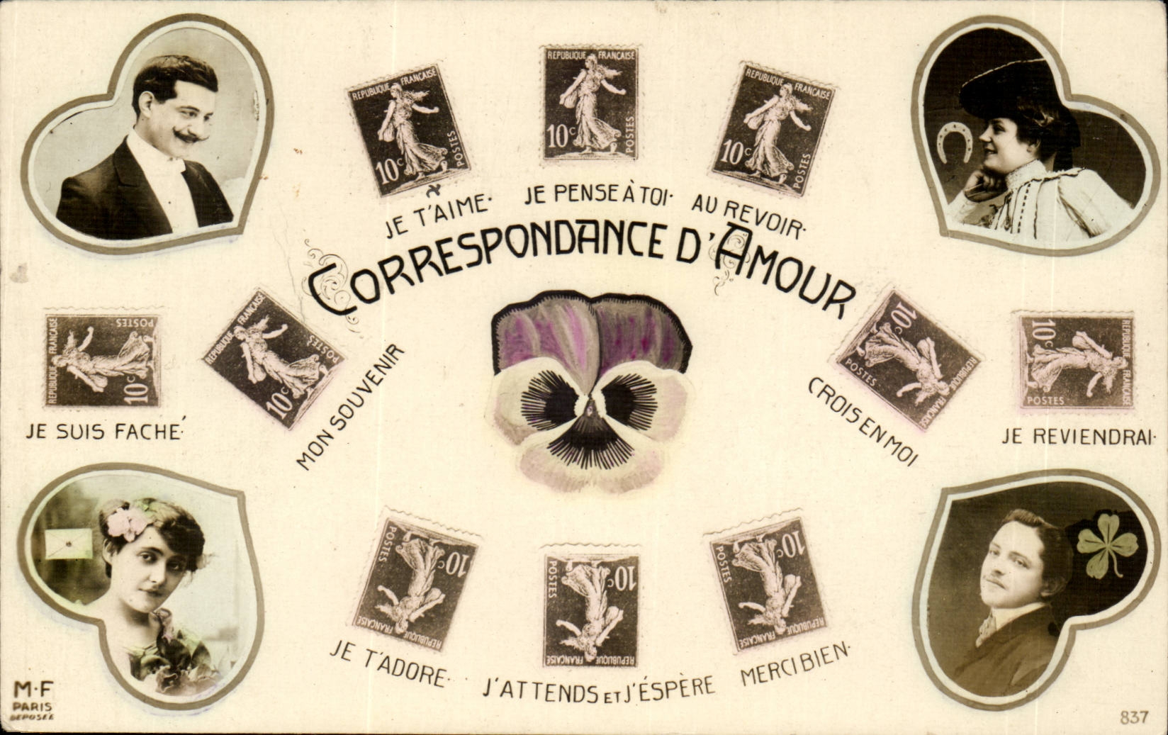 CPA Fantaisie Correspondance d'amour Timbres Semeuse Homme Femme
