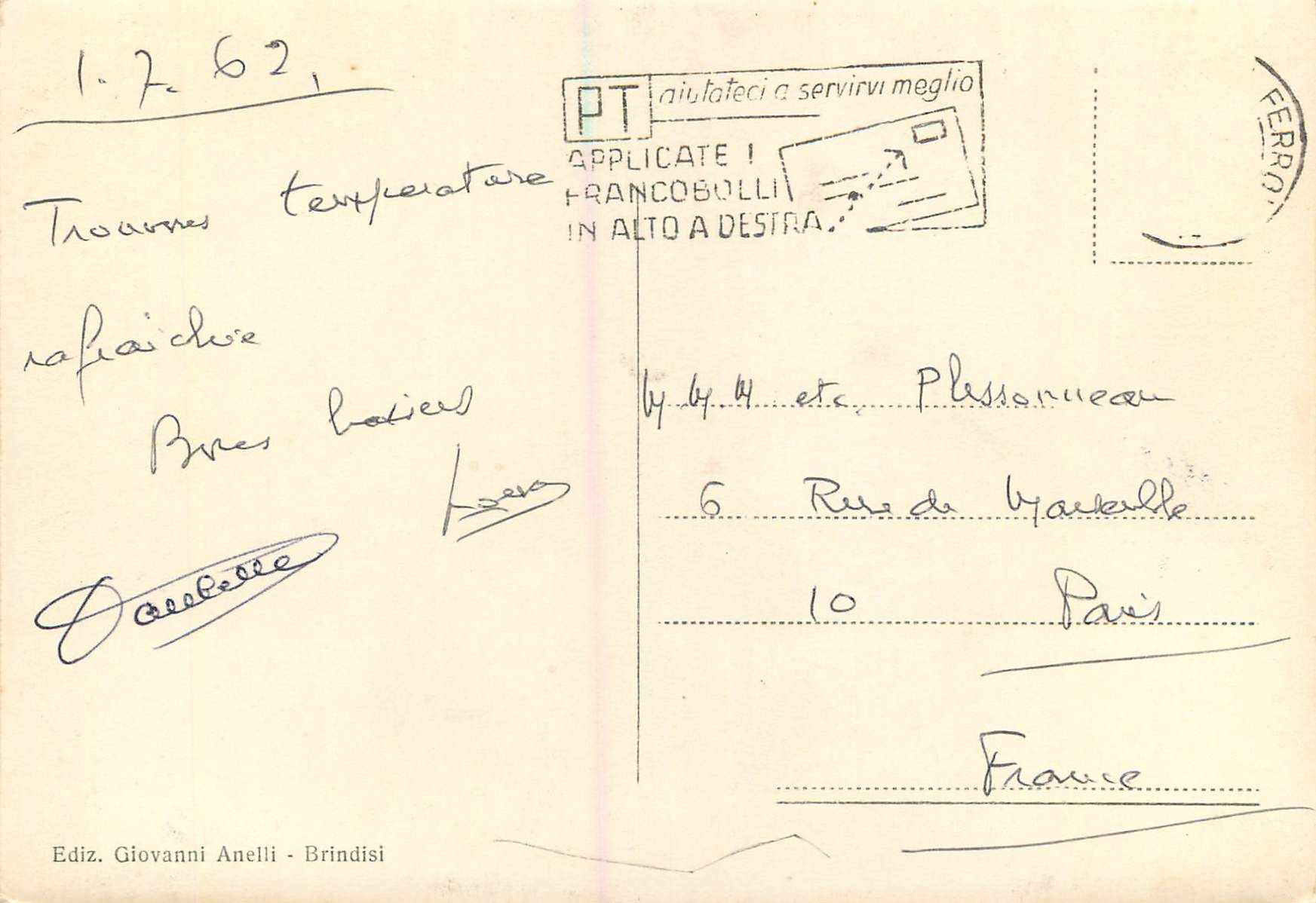 CPM Brindisi Piazza S. Teresa Mon. ai Caduti — Rückseite