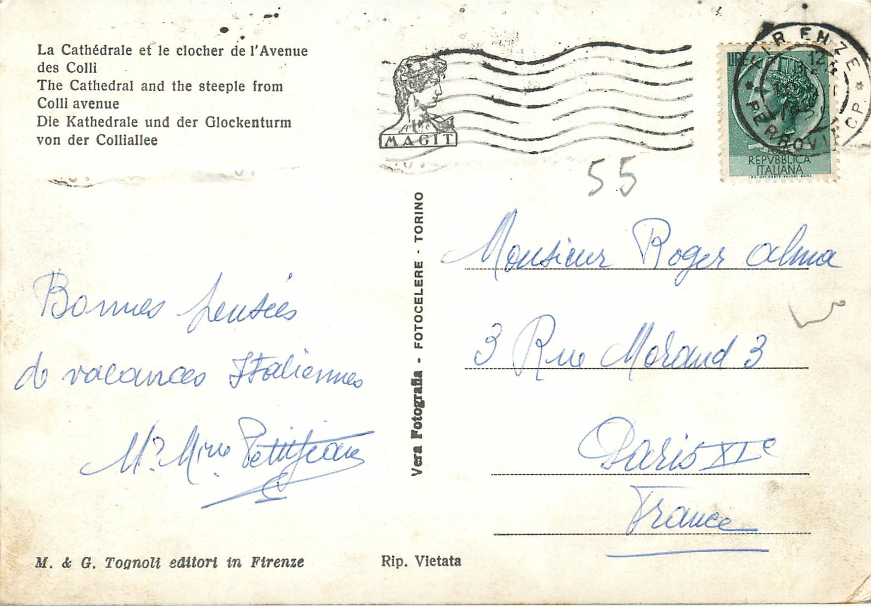 CPM Firenze La Cattedrale e il Campanile dal Vialle dei Colli — Rückseite