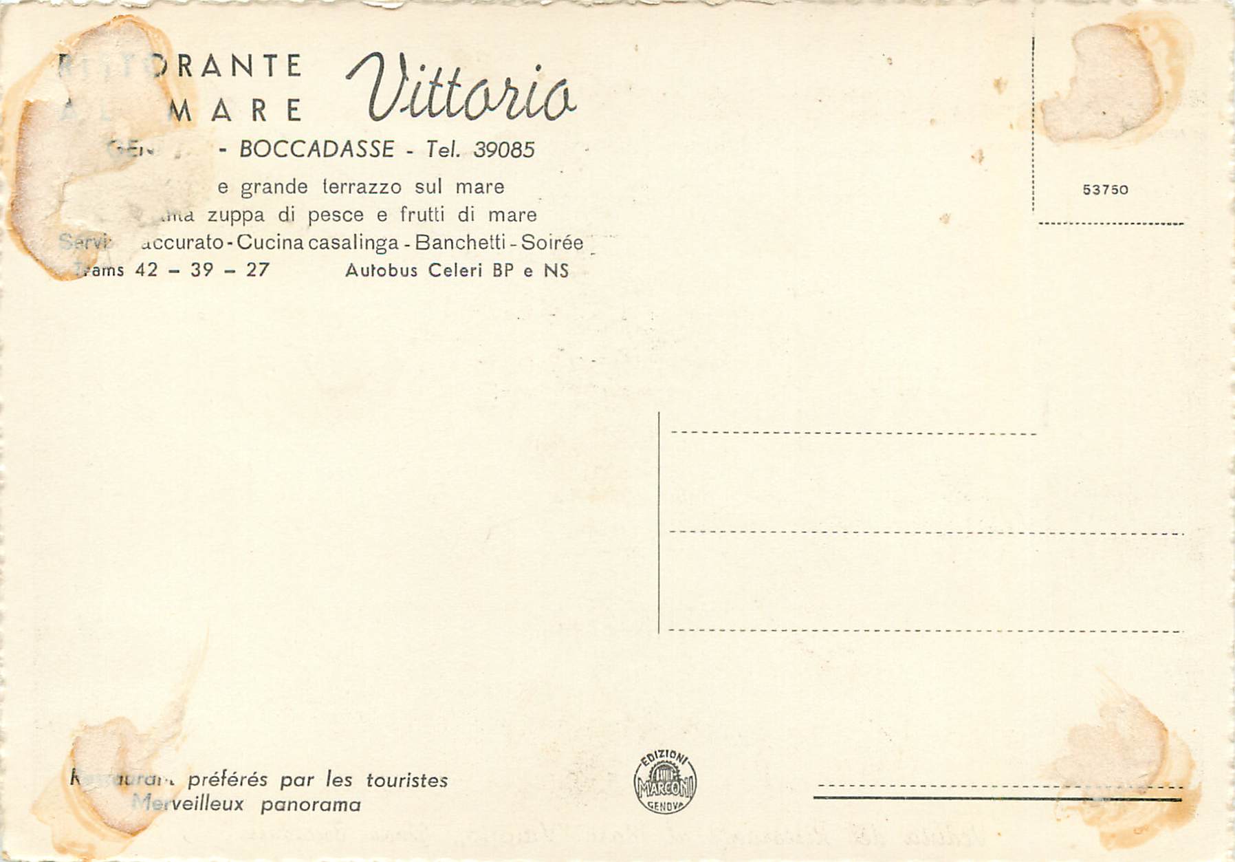 CPM Genova Boccadasse Ristorante al mare Vittorio — Rückseite