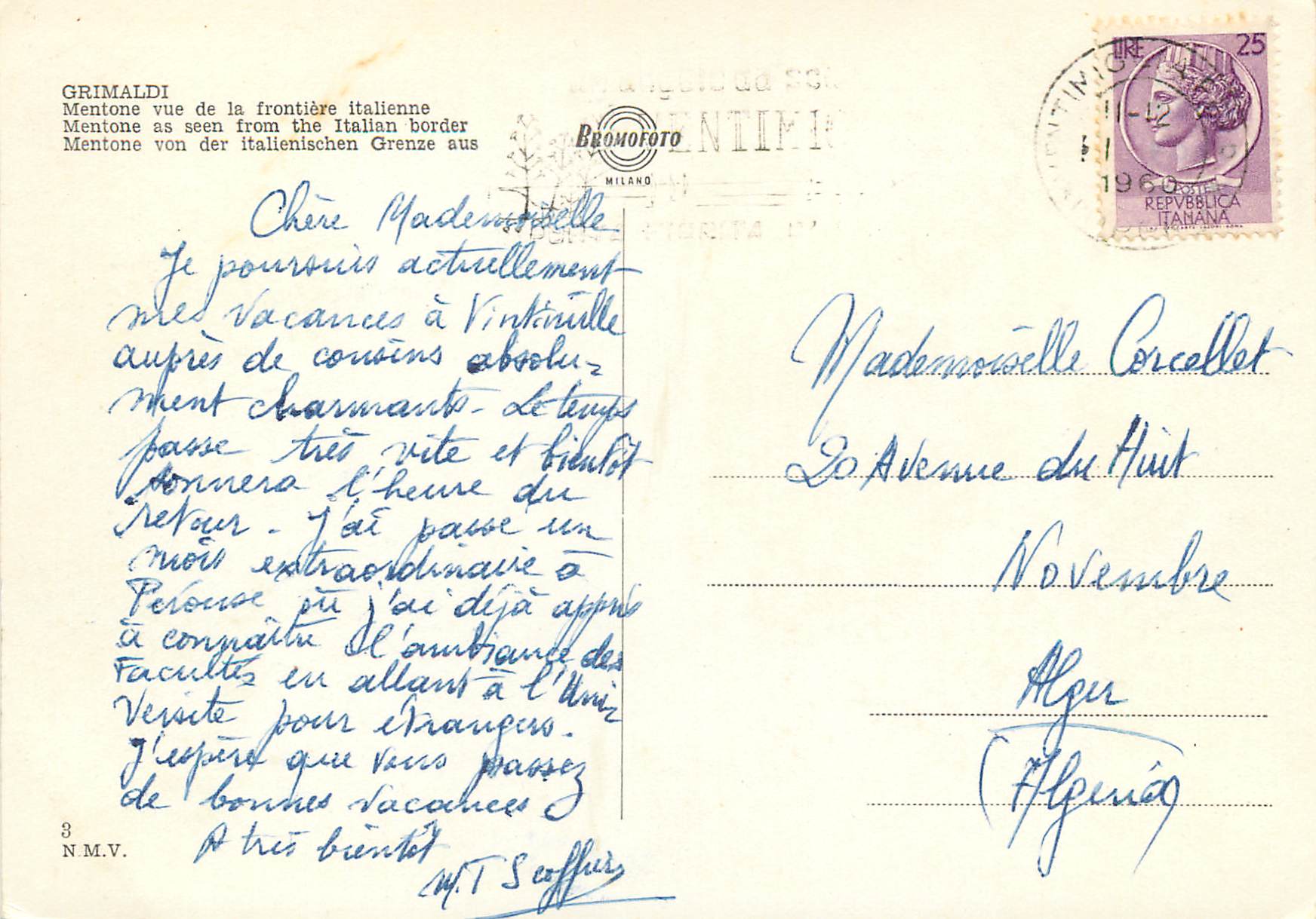 CPM Grimaldi Cosenza Mentone Vista dal confine italiano — Rückseite