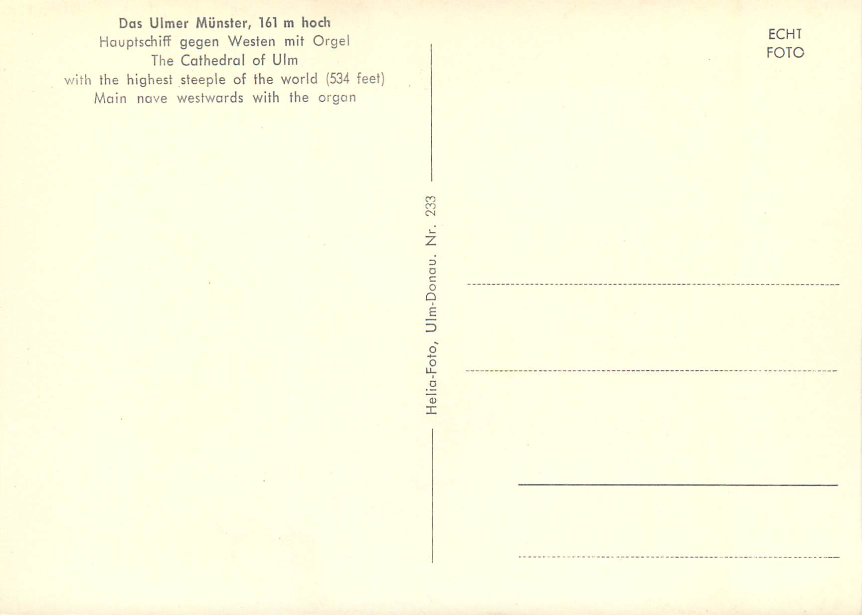 CPM Das Munster zu Ulm Higheststeeple of the world — Rückseite
