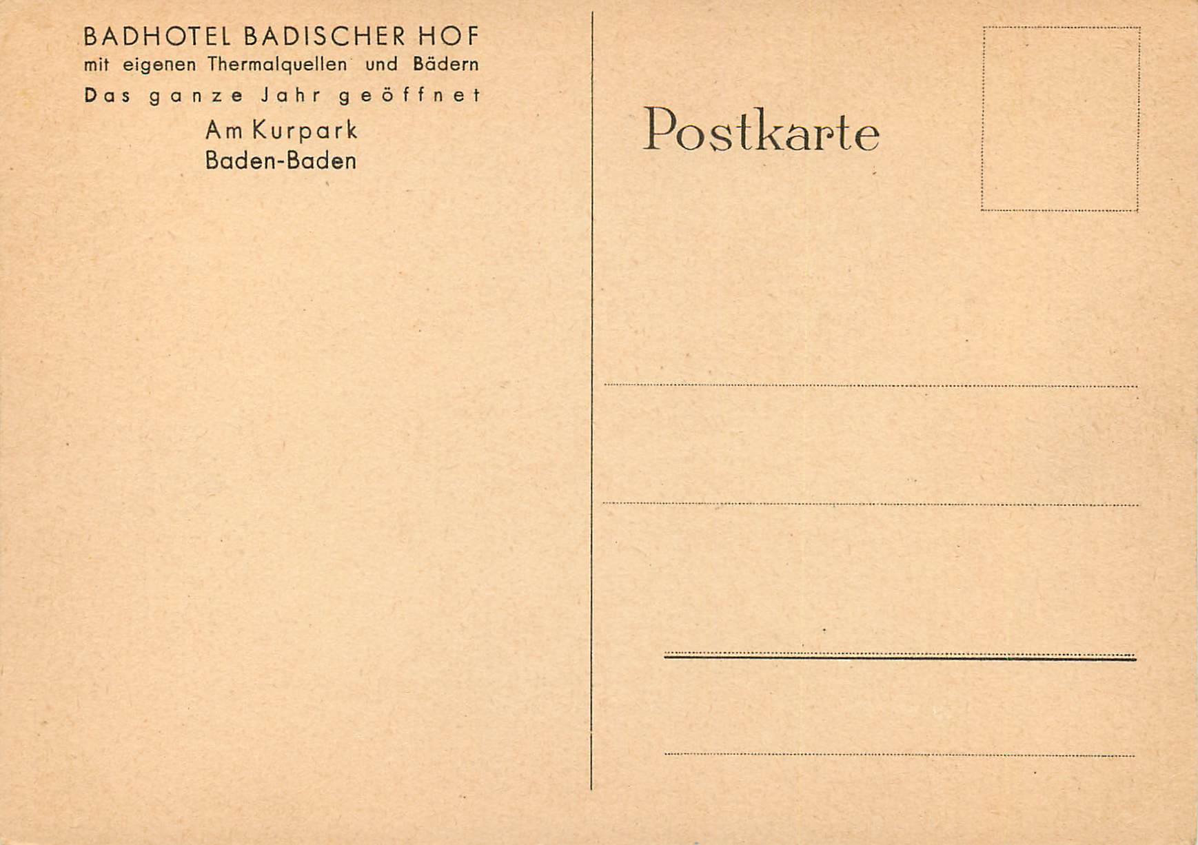 CPM Badhotel Badischer Hof am Kurpark Baden-Baden — Rückseite