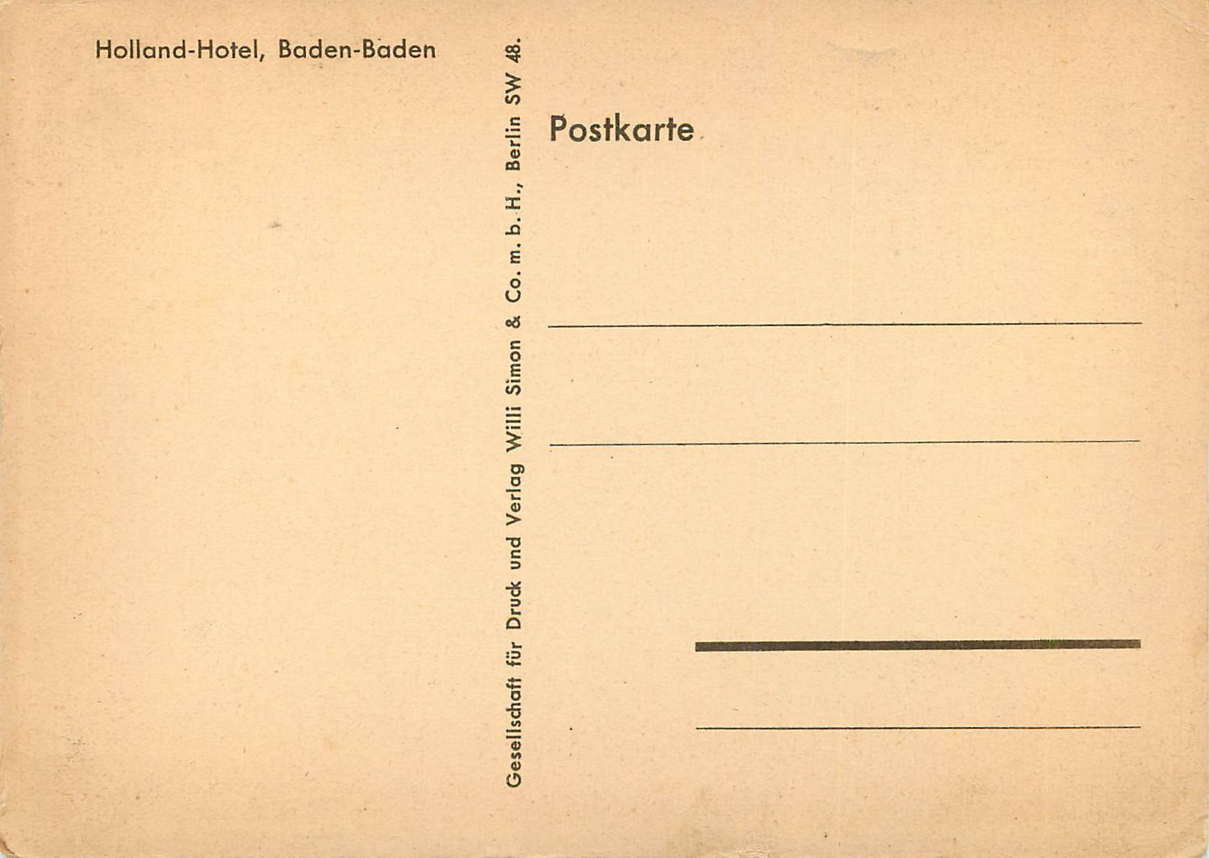 CPM Holland-Hotel Baden-Baden — Rückseite