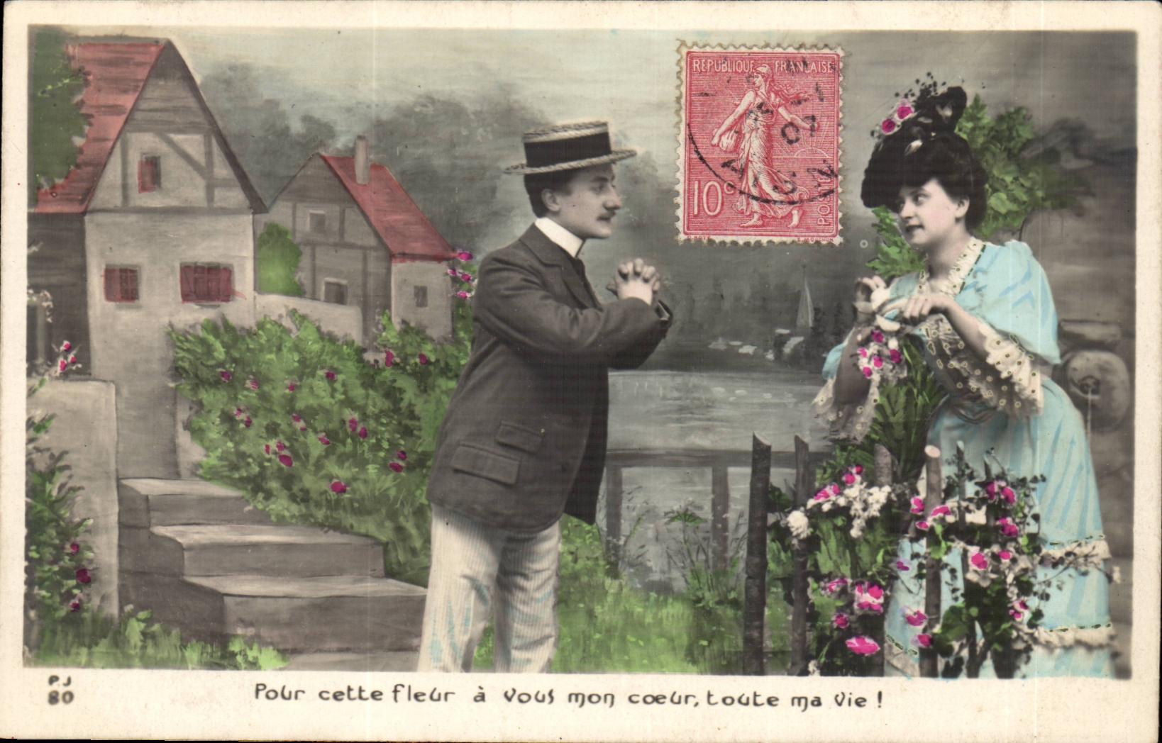 Joven hombre ofreciendo una flor a una joven mujer — PJ 80 — editor desconocido