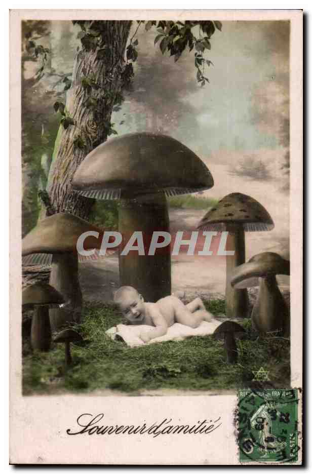 Bébé dans un décor de champignons — Souvenir d'amitié — République Française, série P.515