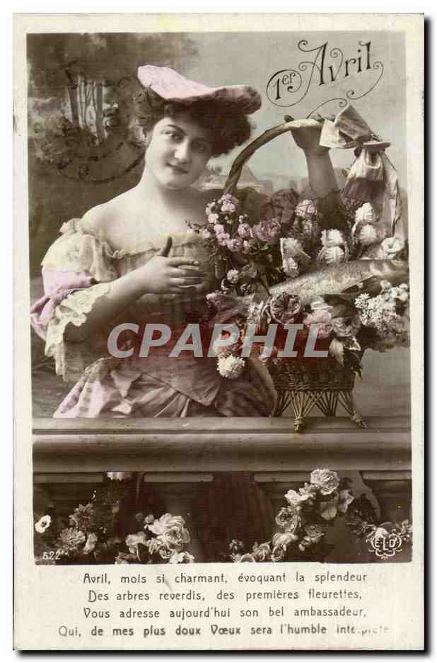 Mujer con cesto de flores — Abril — Editor E. LO, n° 522