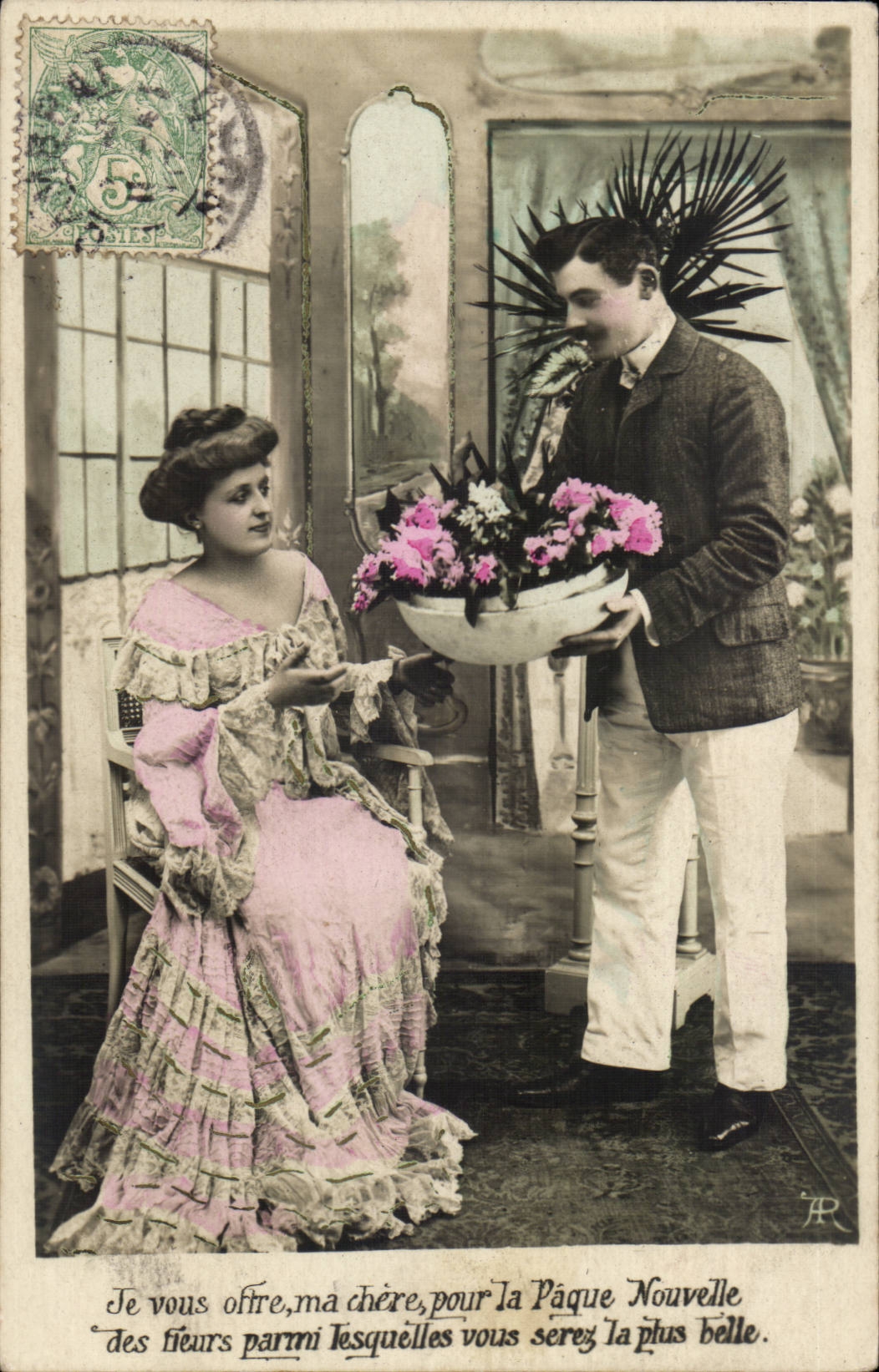 Je vous offre, ma chère, pour la Pâque Nouvelle — des fleurs parmi lesquelles vous serez la plus belle — éditeur T.R.