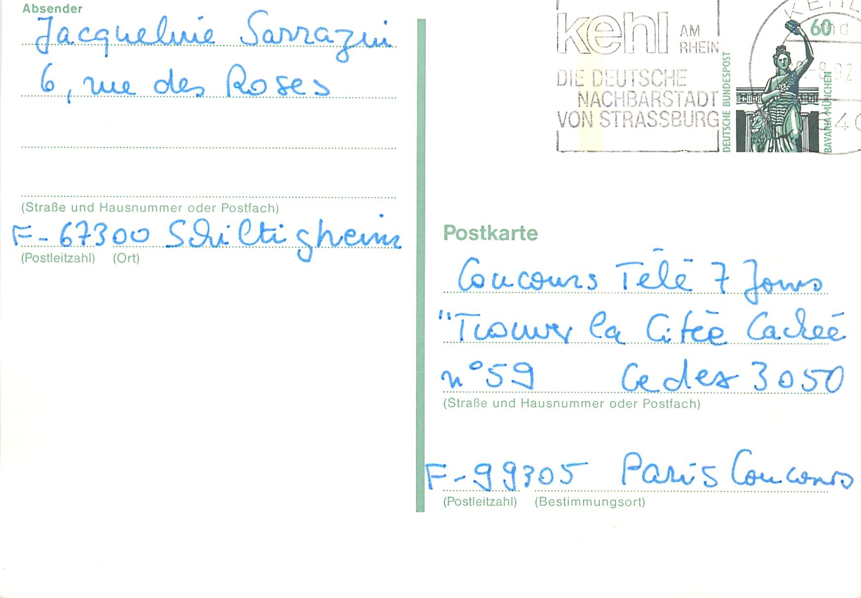 Entier Postal 1992 Schiltigheim F-67300-Jacqueline Sarrazin