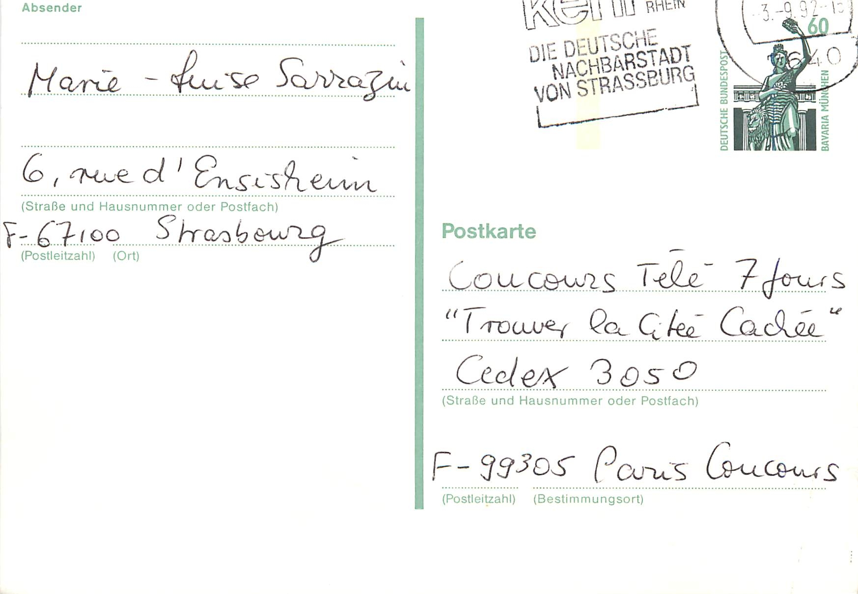 Entier Postal F-67100 Strasbourg Marie Sarrazui