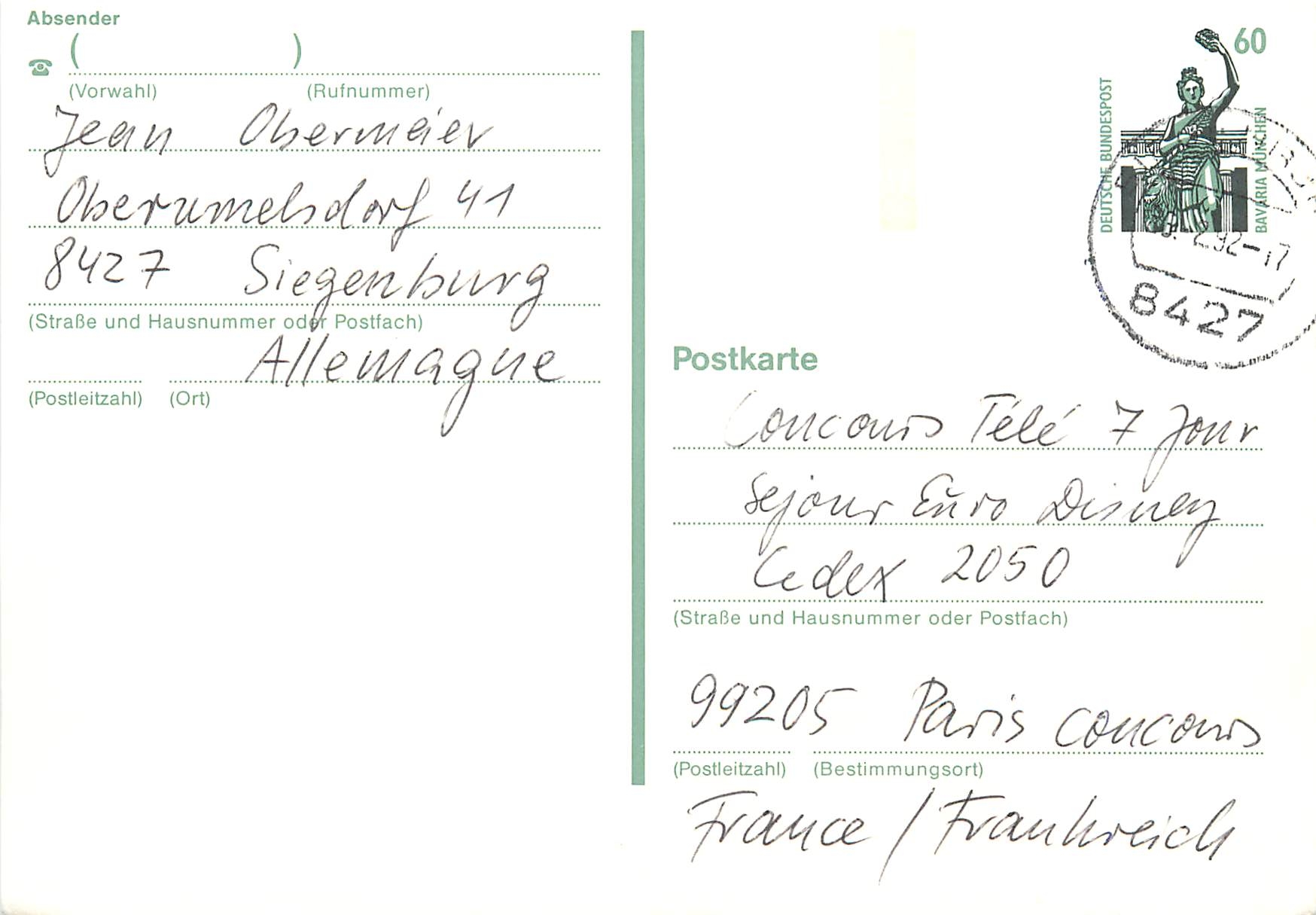 Entier Postal Siegenburg Jean Obermeier Oberumelsdorf