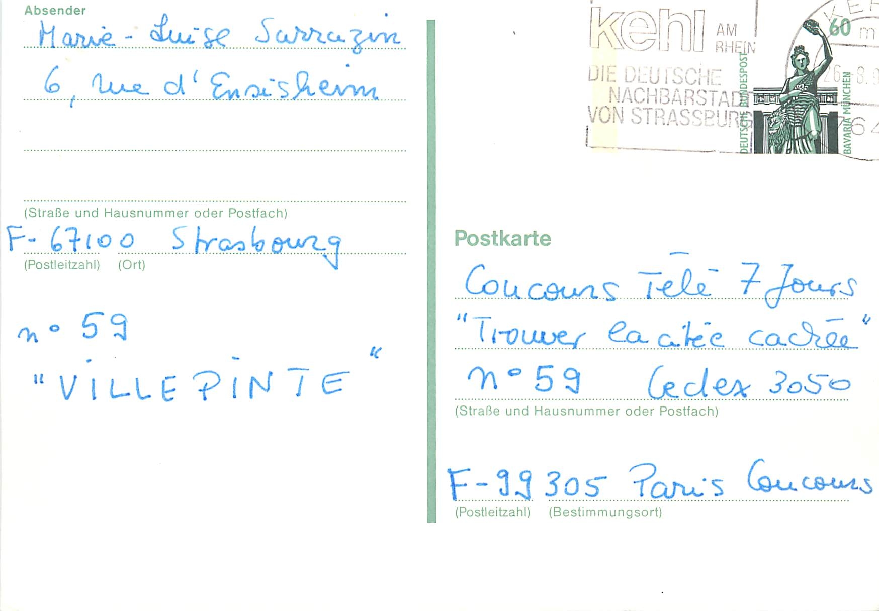 Entier Postal F-67100 Strasbourg Marie-Luise Sarrazui