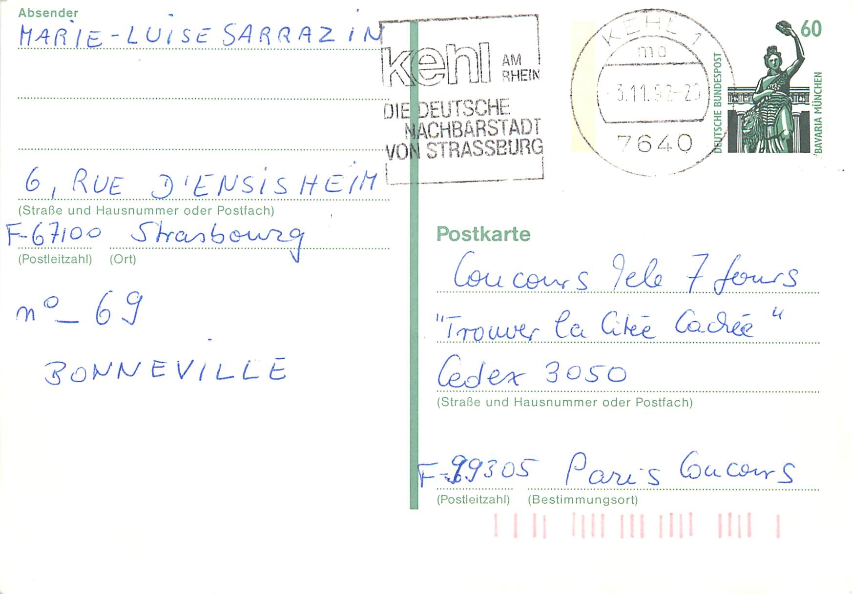 Entier Postal F-76100 Strasbourg Marie-Luise Sarrazin