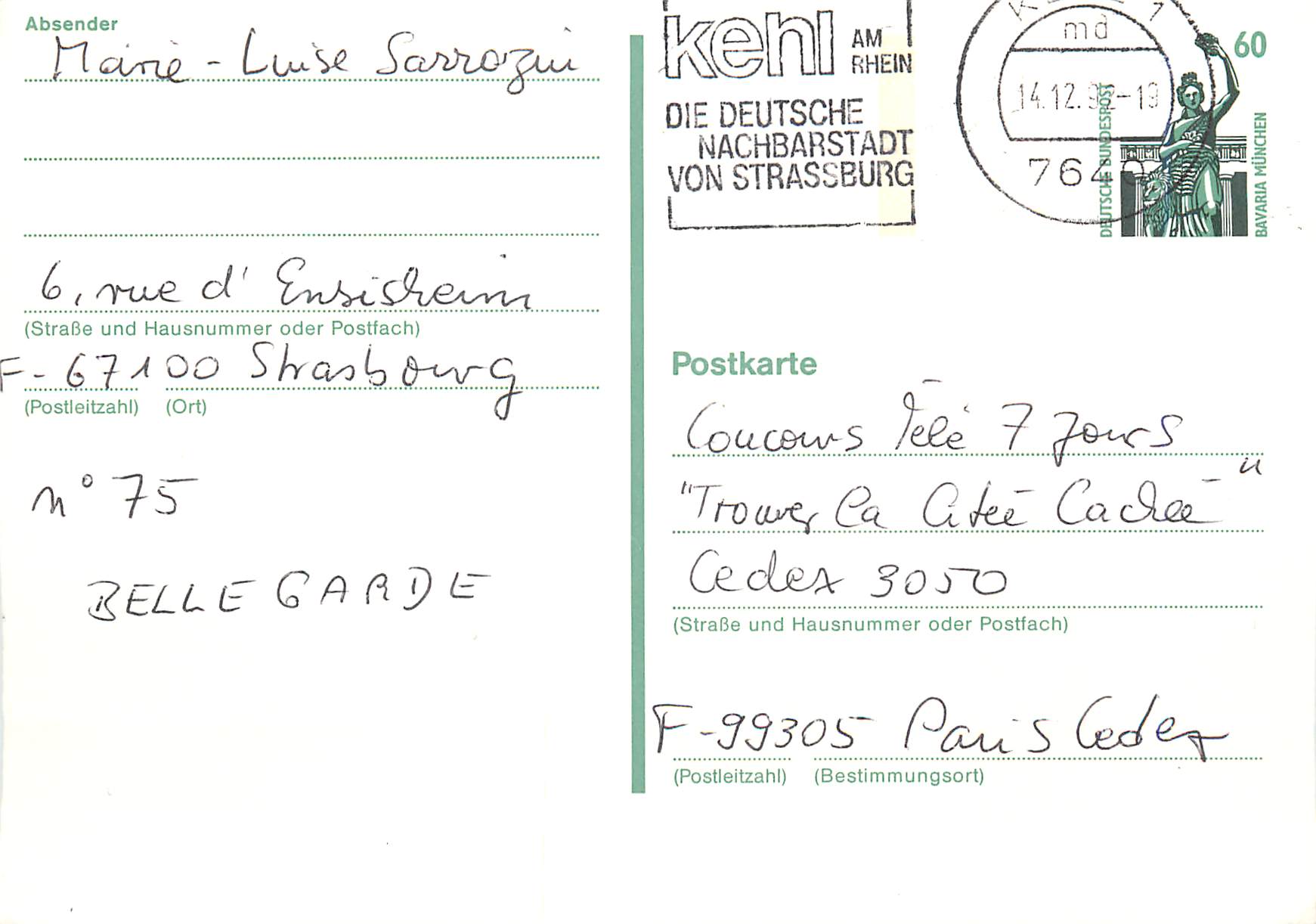 Entier Postal F-76100 Strasbourg Marie-Luise Sarrazin