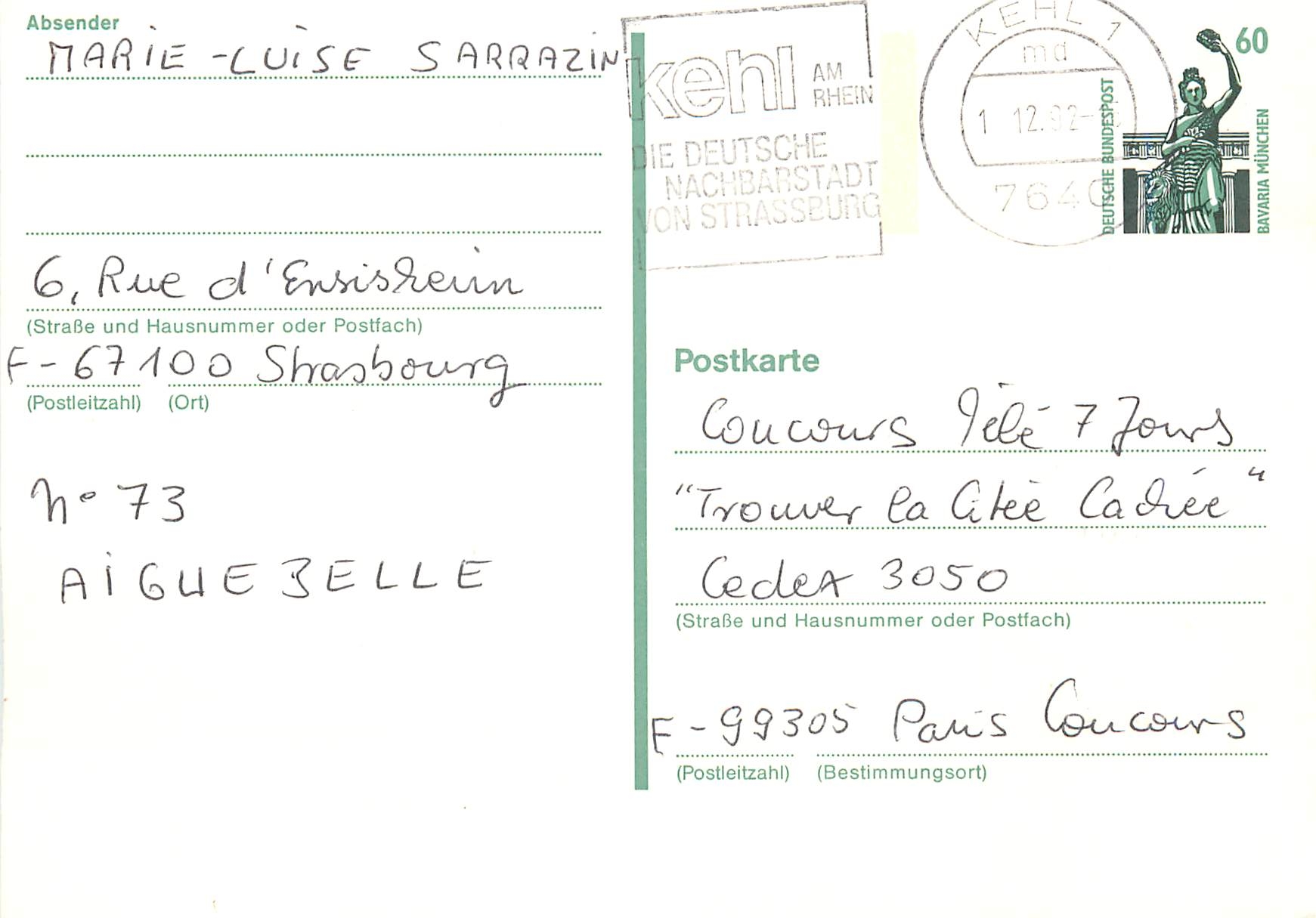 Entier Postal F-76100 Strasbourg Marie-Luise Sarrazin