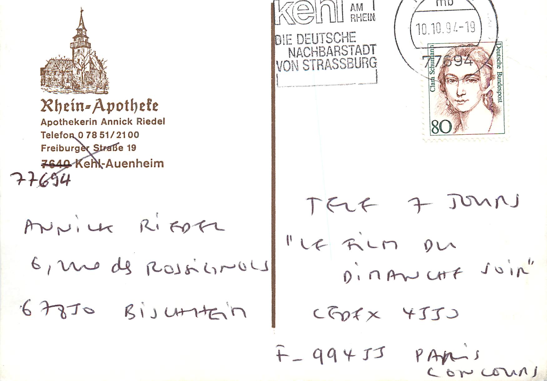 Entier Postal Apothekerin Annick Riedel Kehl-Auenheim