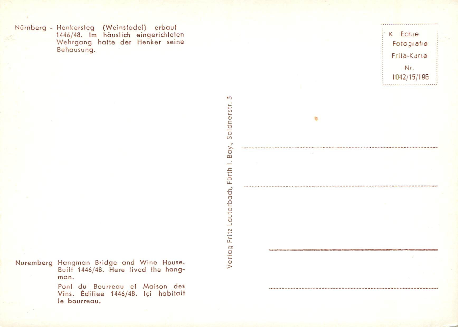 CPM Nurnberg Henkersteg Weinstadel erbaut — Back