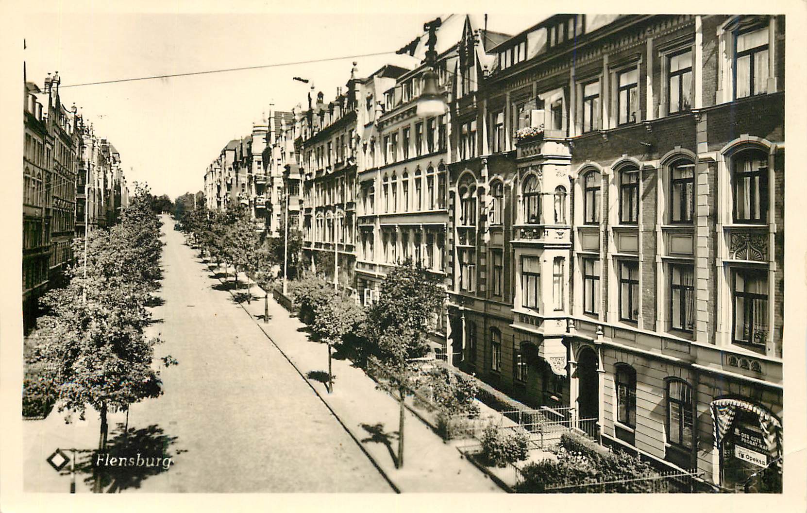 Flensburg — rue bordée d'immeubles et d'arbres — éditeur Th. Thomasen-Verlag