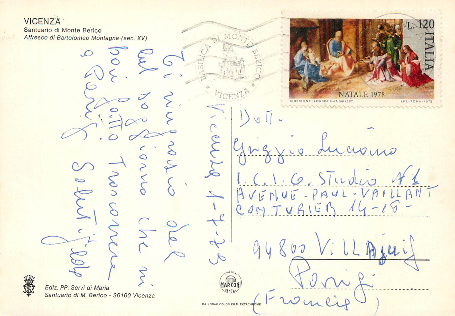 CPM Vicenza Santuario di Monte Berico — Rückseite