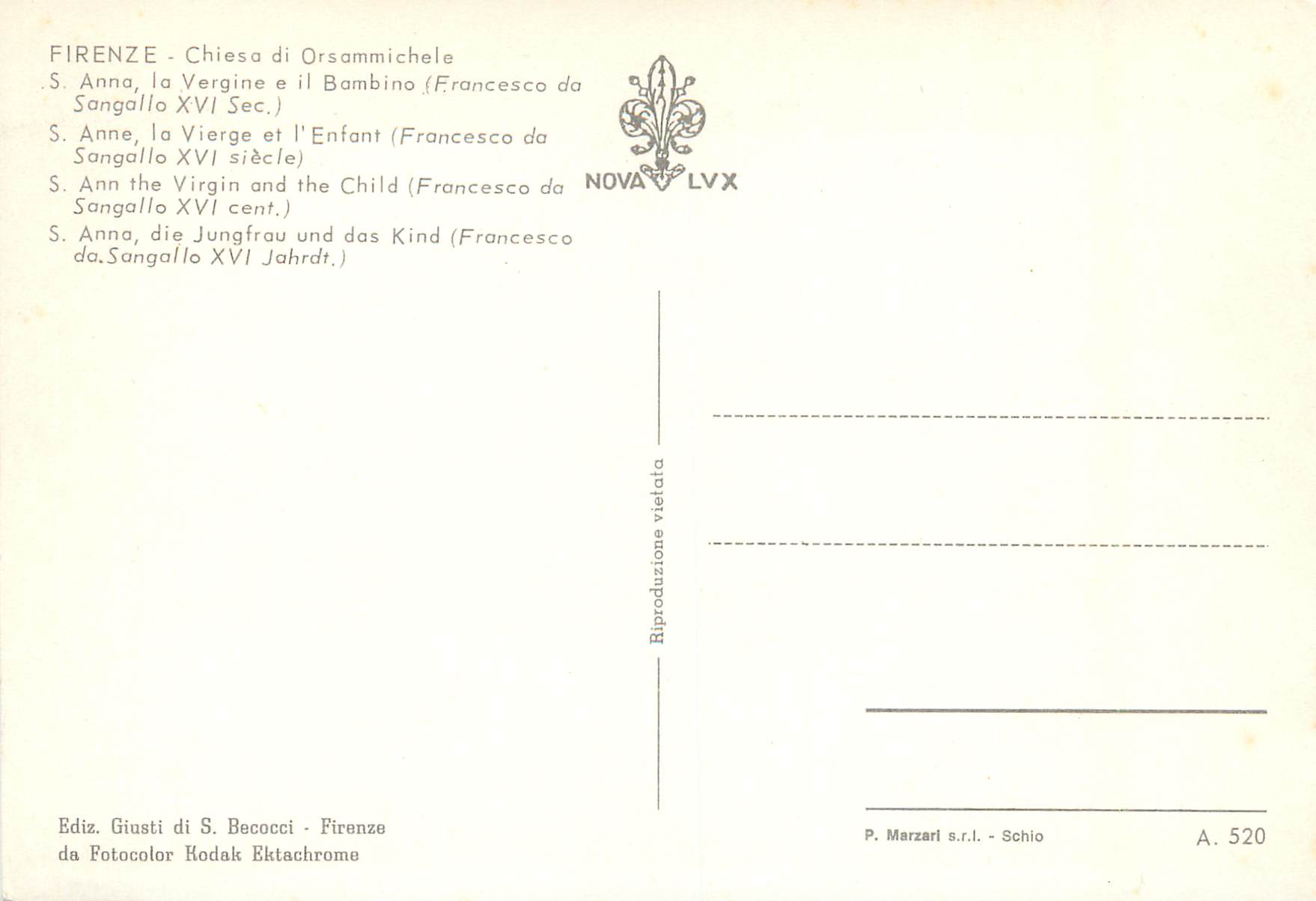 CPM Firenze Chiesa di Orsammichele-Anna La Vergine e il Bambino Monument — Rückseite