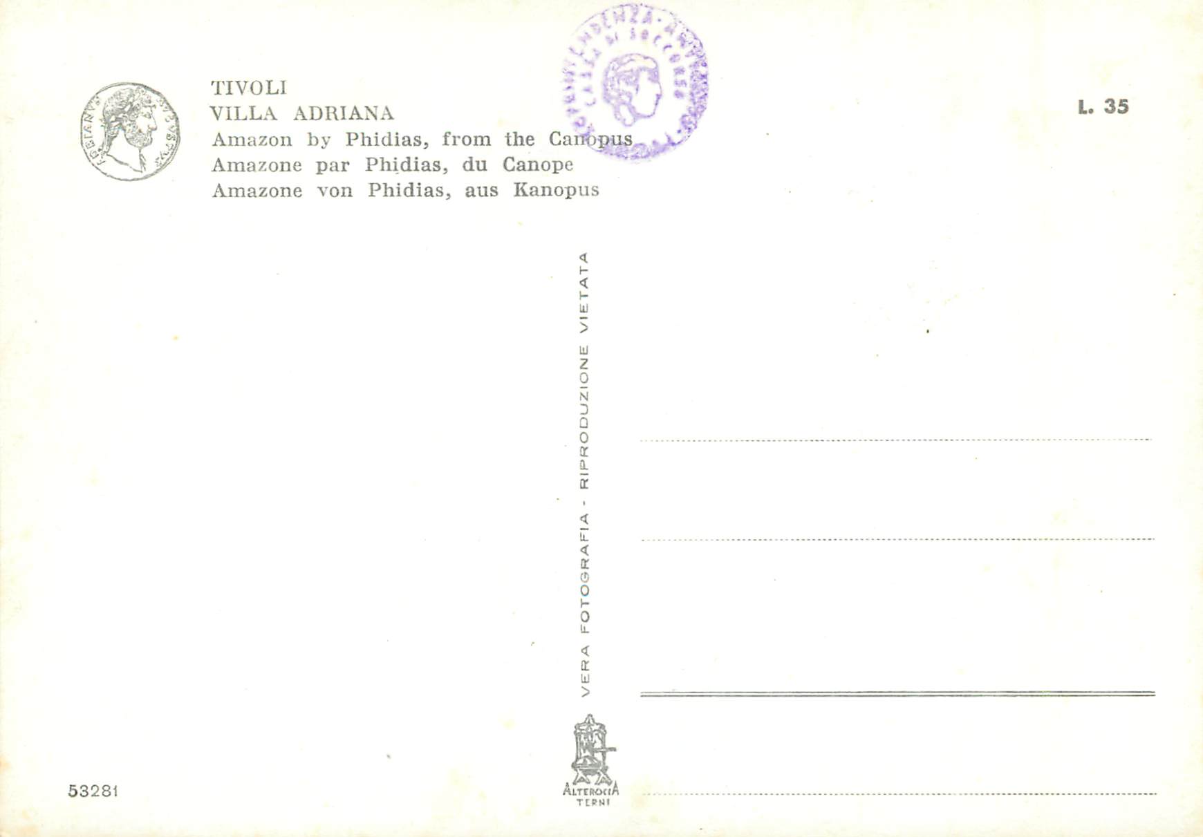 Amazon par Phidias, de la Villa Adriana — Tivoli — éditeur Alteroia Terni, n° L. 35 — Rückseite