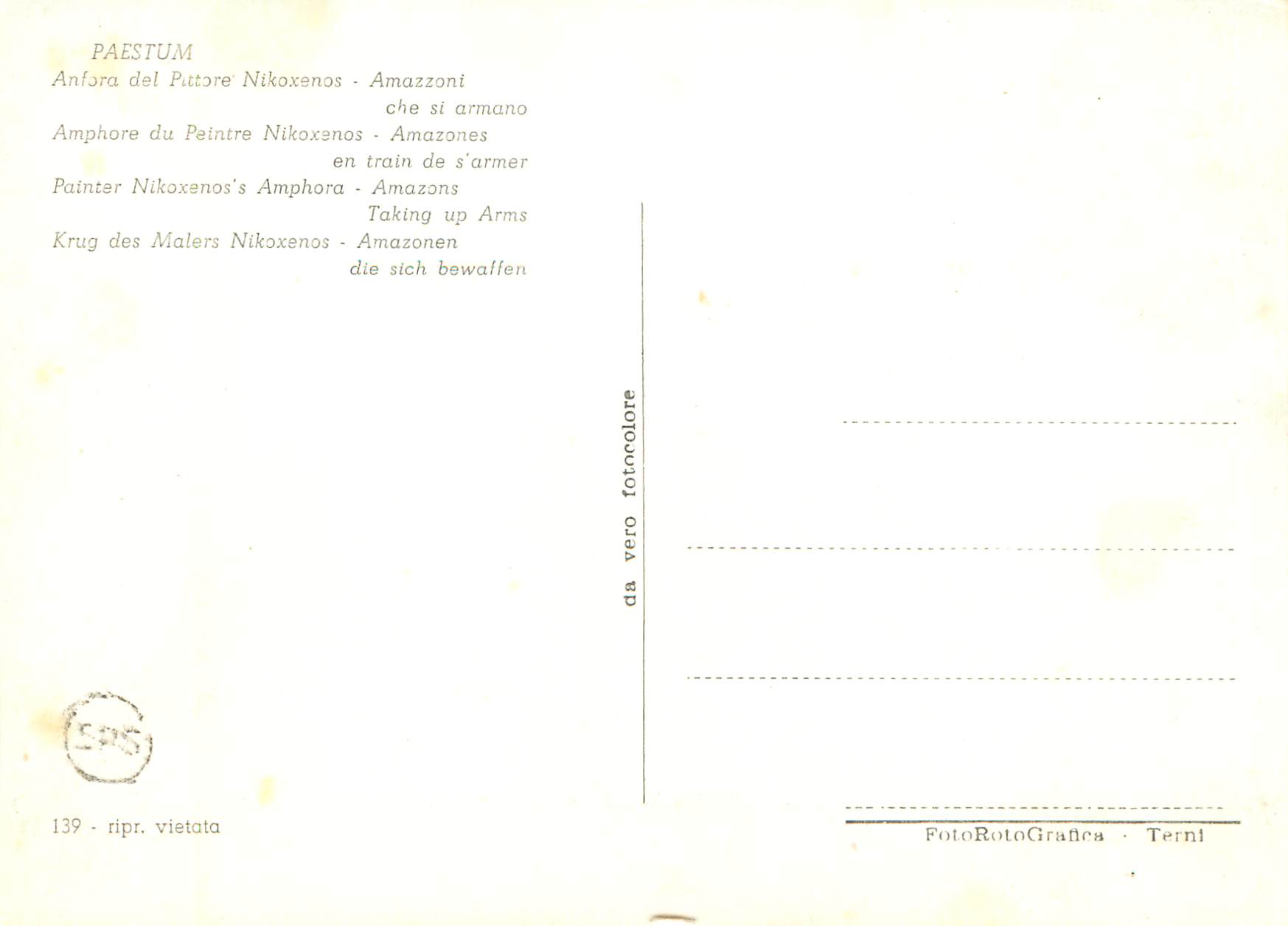Paestum — Amphore des Malers Nikoxénos — Amazonen beim Waffenholen — PhotoRotoGrafica Terni, n° 139 — Rückseite