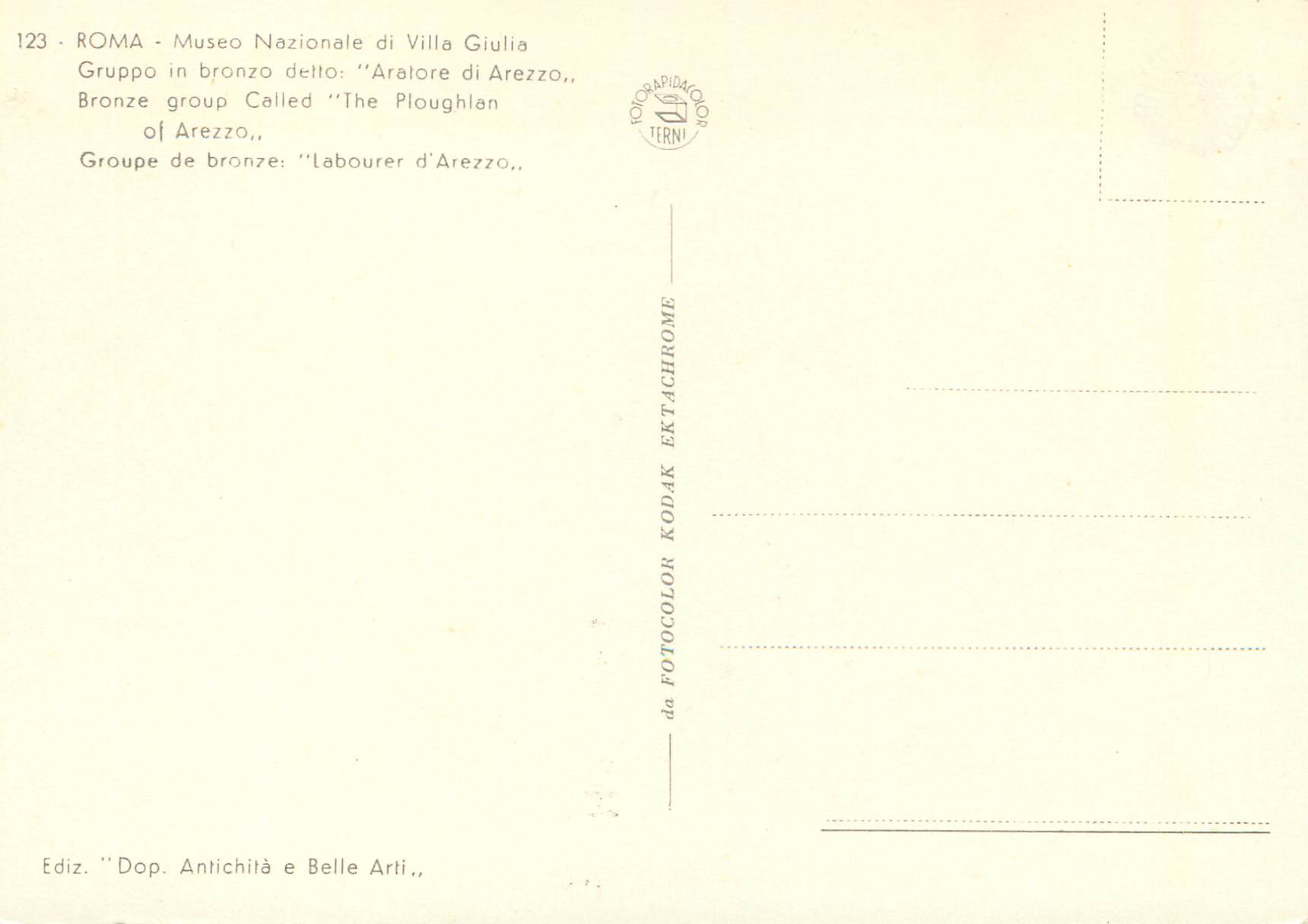 Araatore di Arezzo — groupe en bronze — éditeur 'Dop. Antichità e Belle Arti', n°123 — Rückseite
