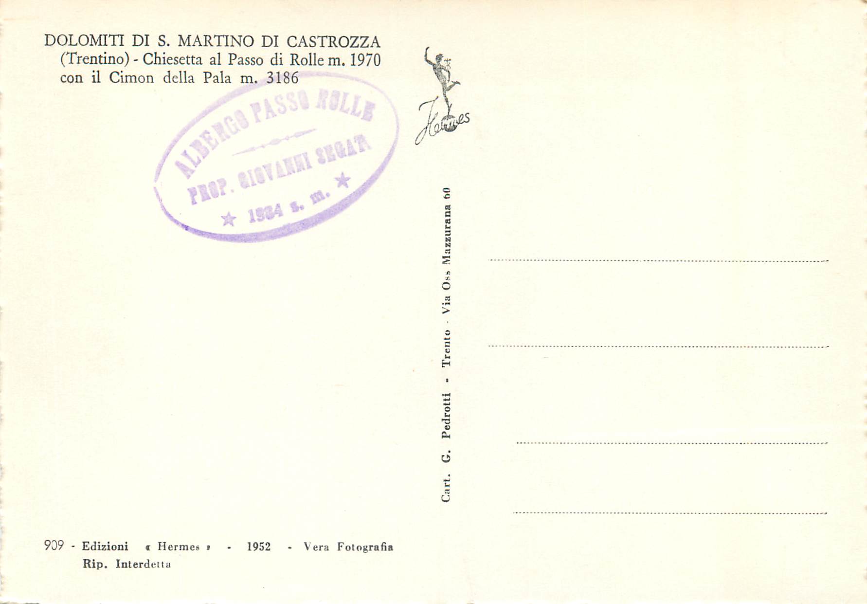 CPM Dolomiti di S.Martino di Castrozza Trento - Chiesetta al Passo di Rolle — Rückseite