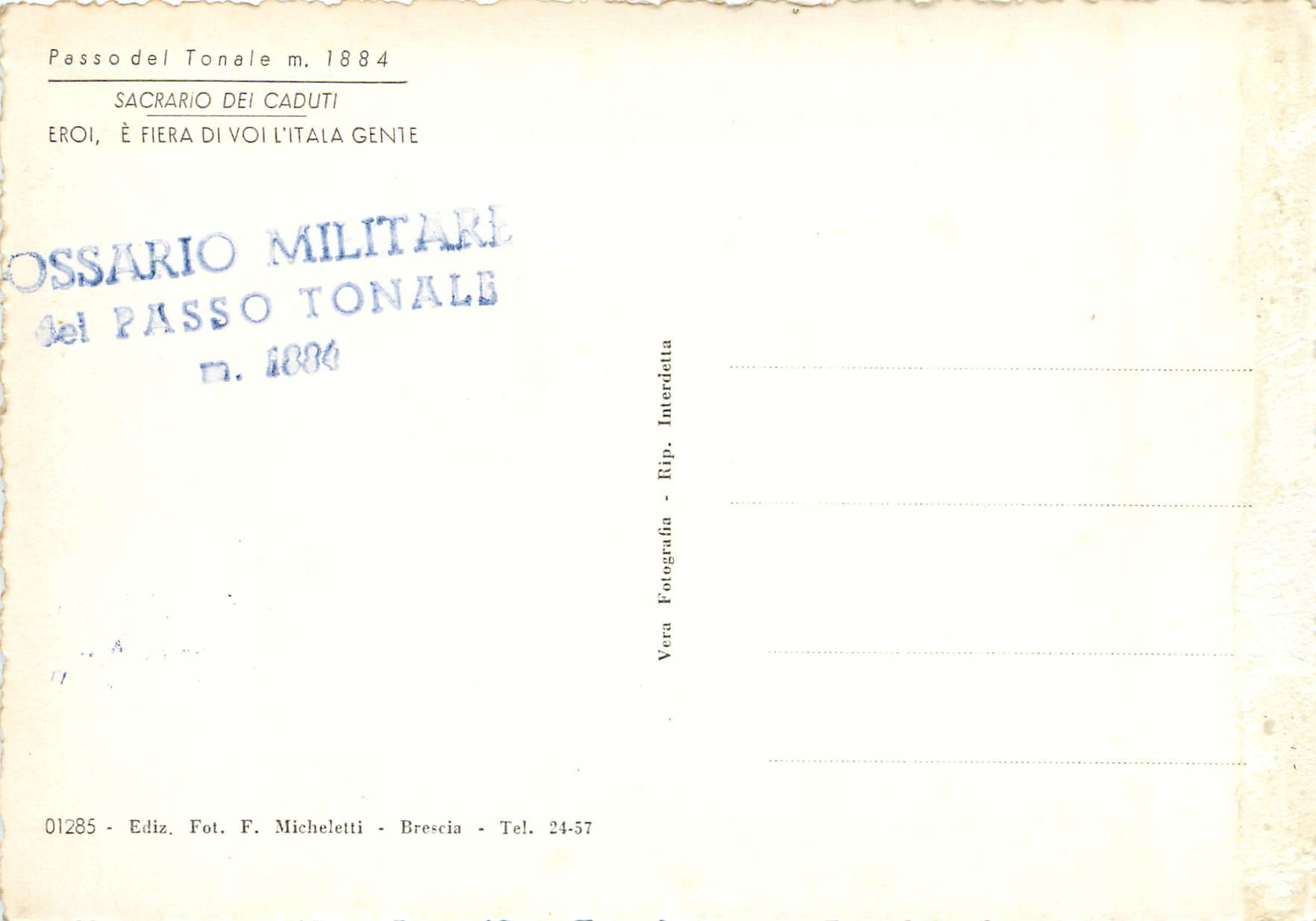 CPM Passi del Tonale Trento - Monumento della Vittoria — Rückseite