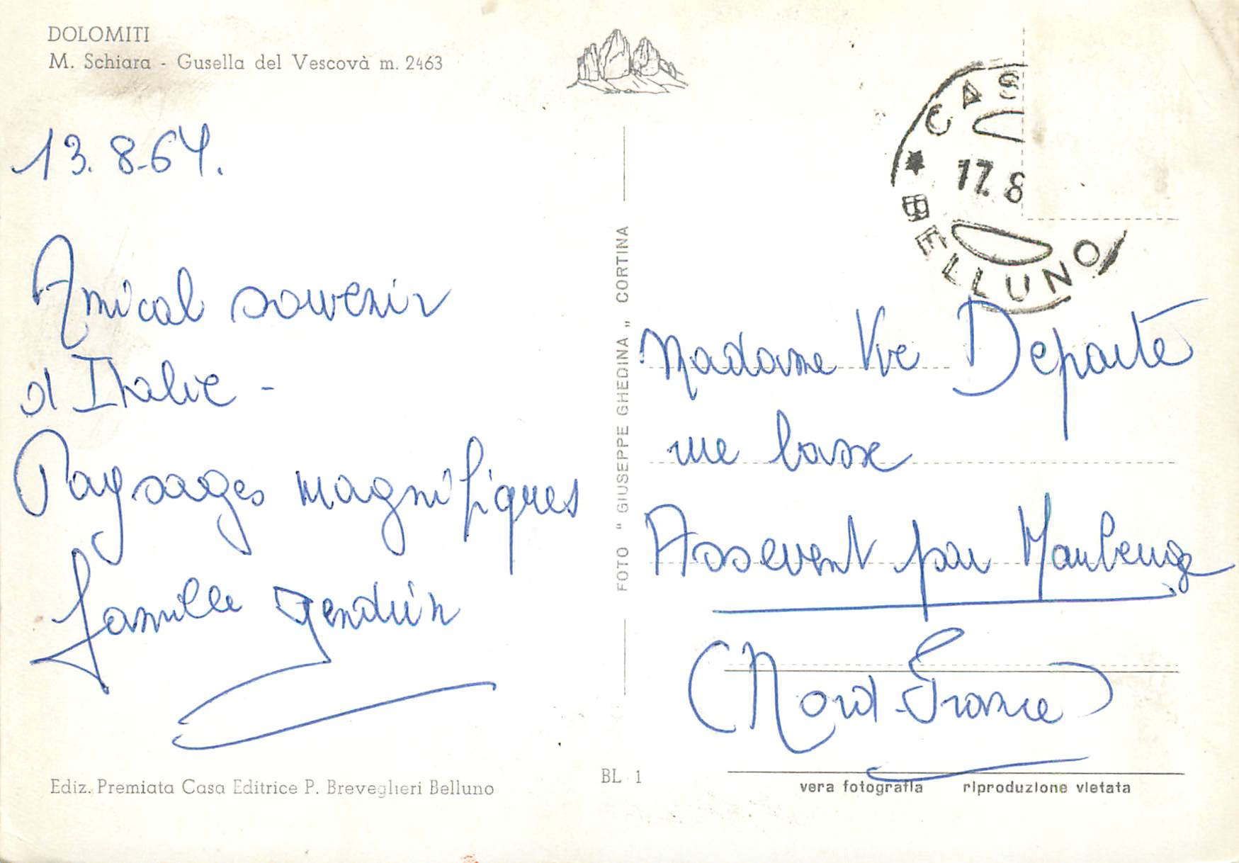 CPM Domoliti M Schiara Gusella del Vescova m 2463 — Rückseite