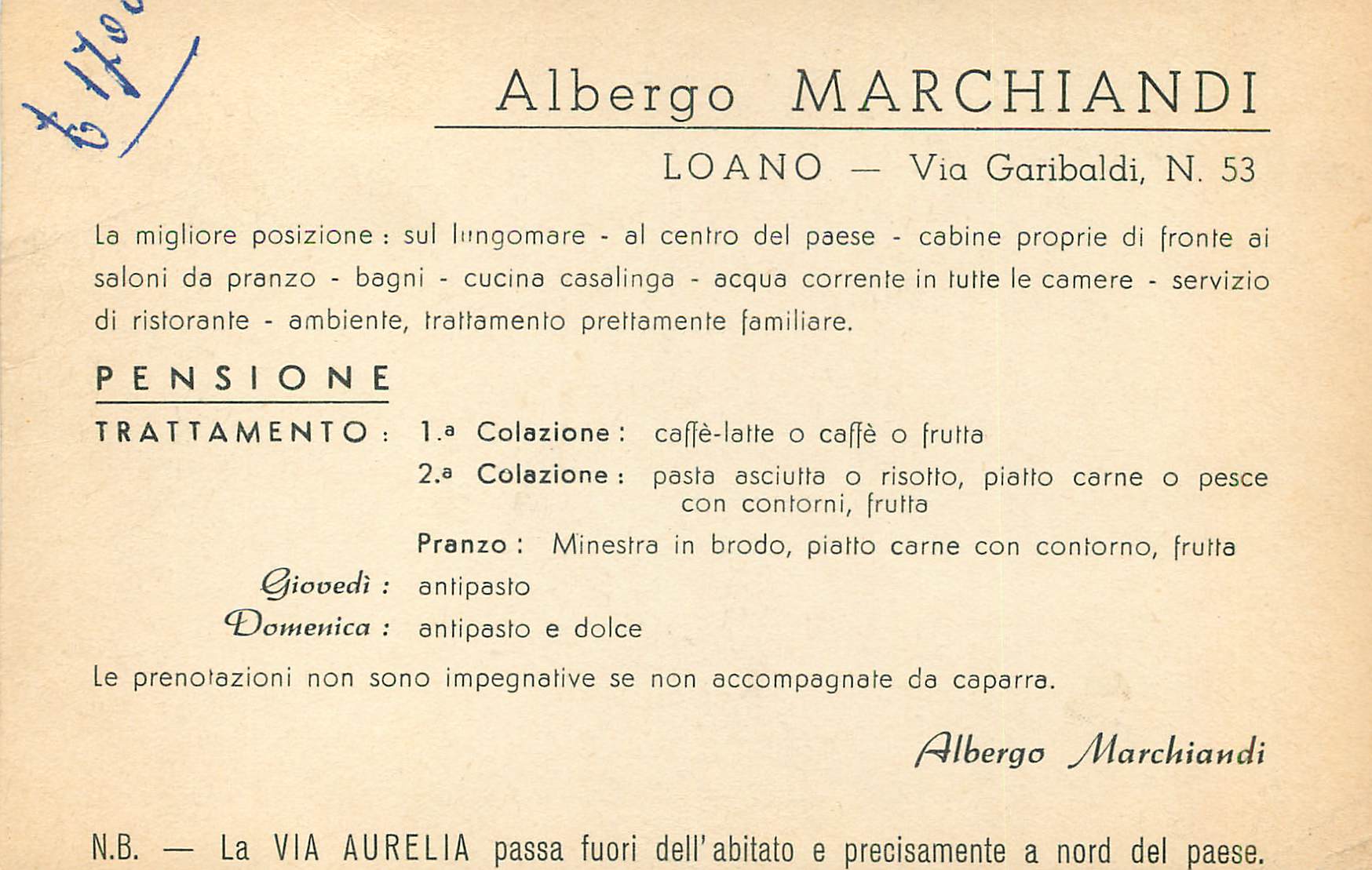 CPM Loano Passegoiata A Mare Albergo Marchiandi — Back