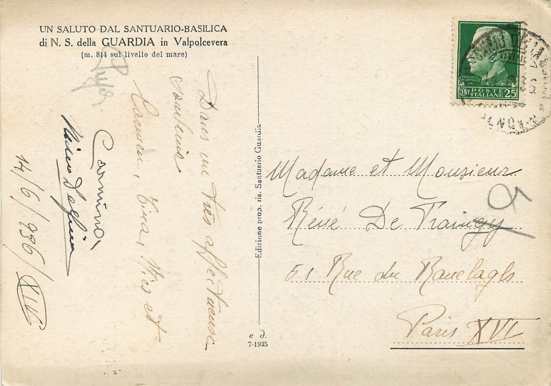 CPM Satuario Basilica di N S Della Guardia Sul Monte Figogna (m 814 Sul Mare) — Rückseite