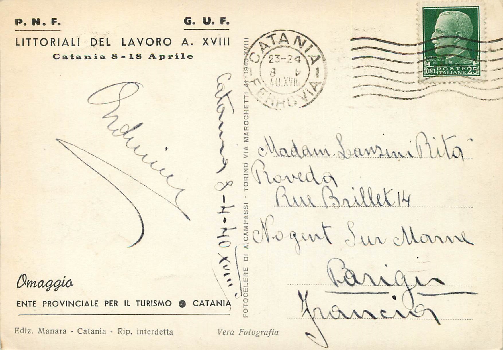 CPM Catania Grand Hotel Etna Autostrada Sull'Etna (m 1750) Littoriali Del Lavoro A XVIII — Back