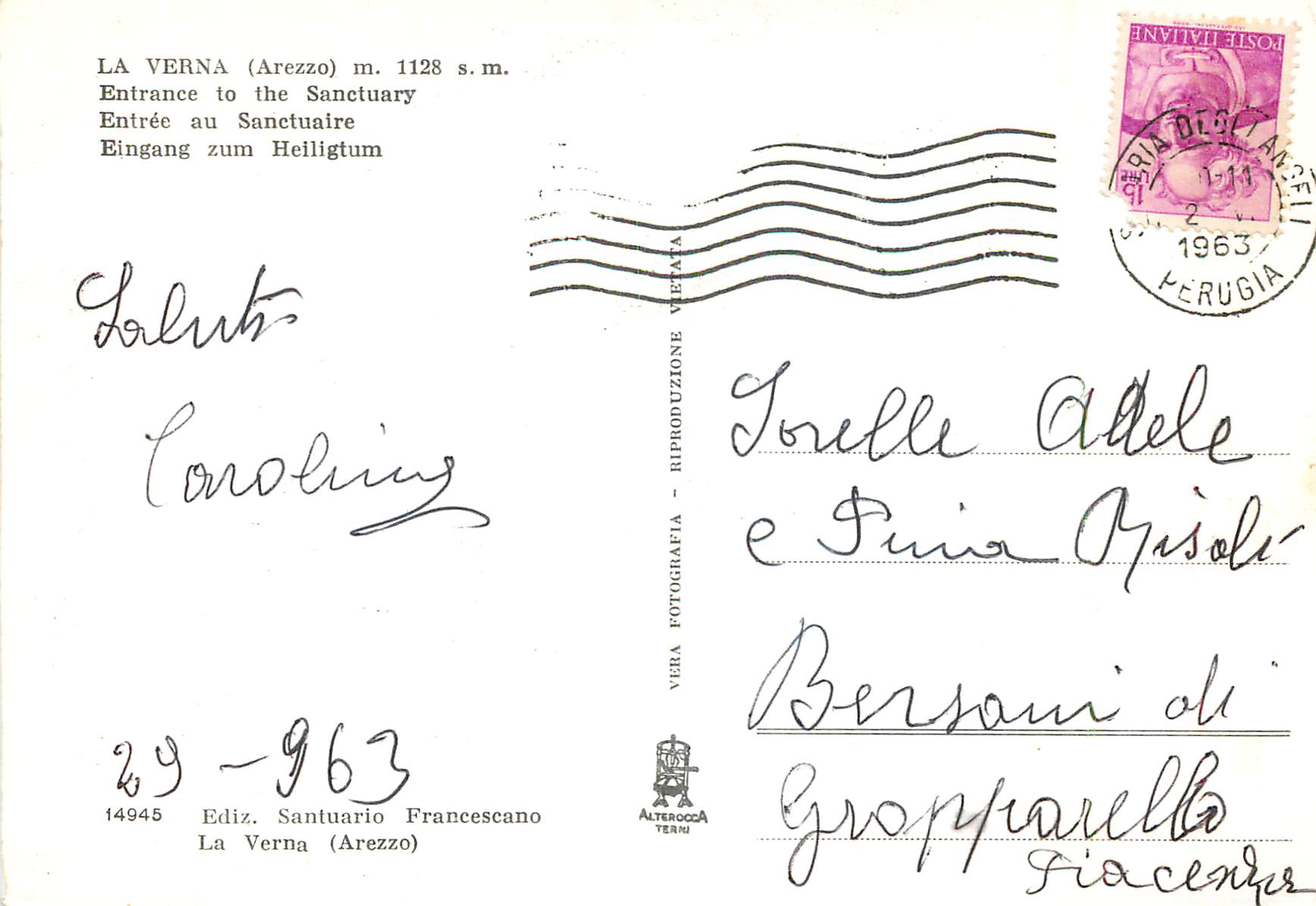 CPM La Verna (Arezzo) m 1128 Ingresso al Santuario — Rückseite