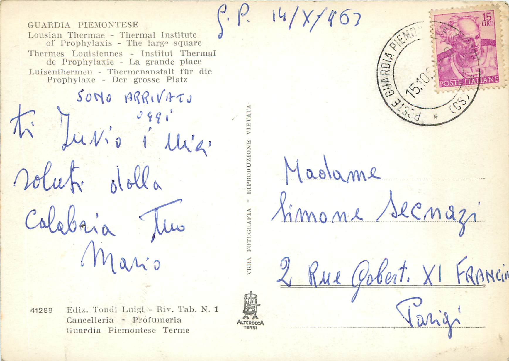 CPM Guardia Piemontese Thermes Louisiennes Institut Thermal de Prophylaxie La Grande Place — Rückseite