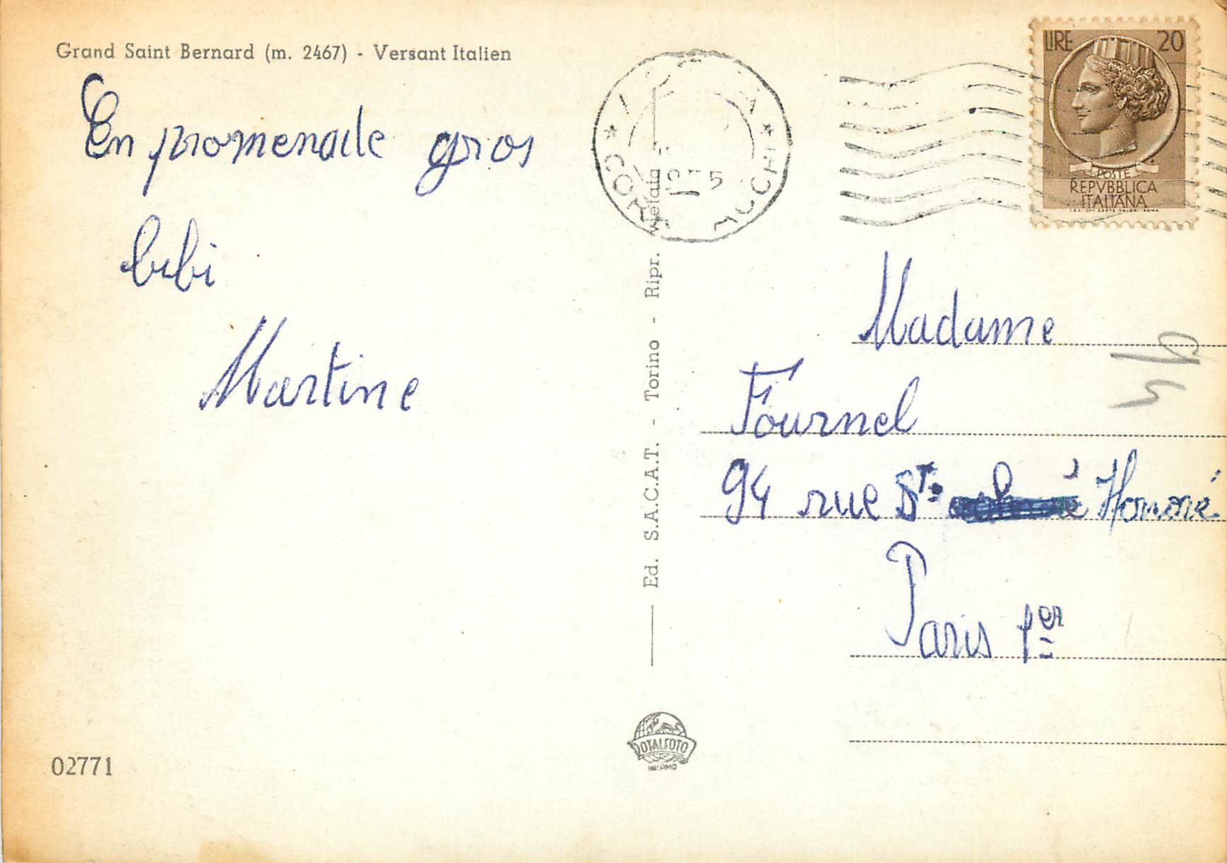 CPM Grand Saint Bernard (m 2467) Versant Italien — Rückseite