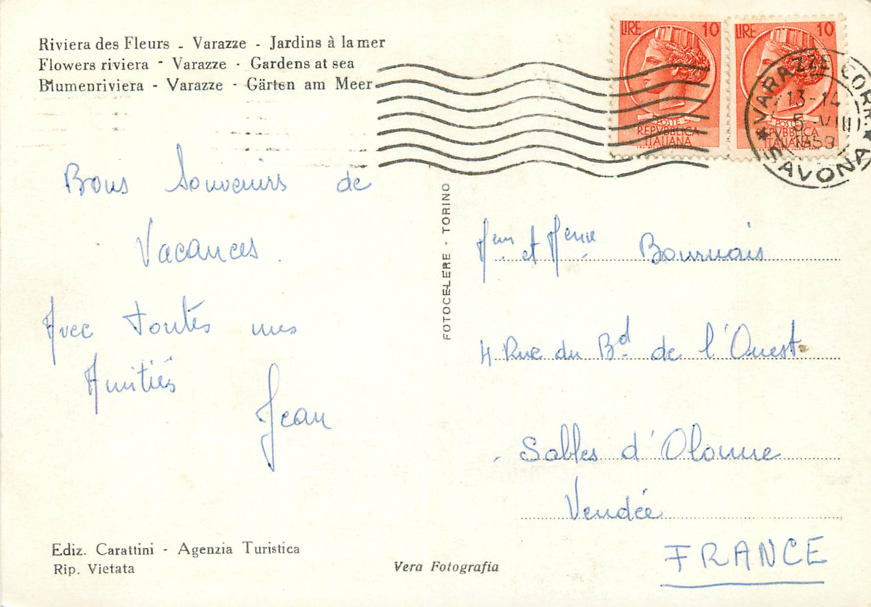 CPM Riviera des Fleurs Varazze Jardins a la Mer — Rückseite